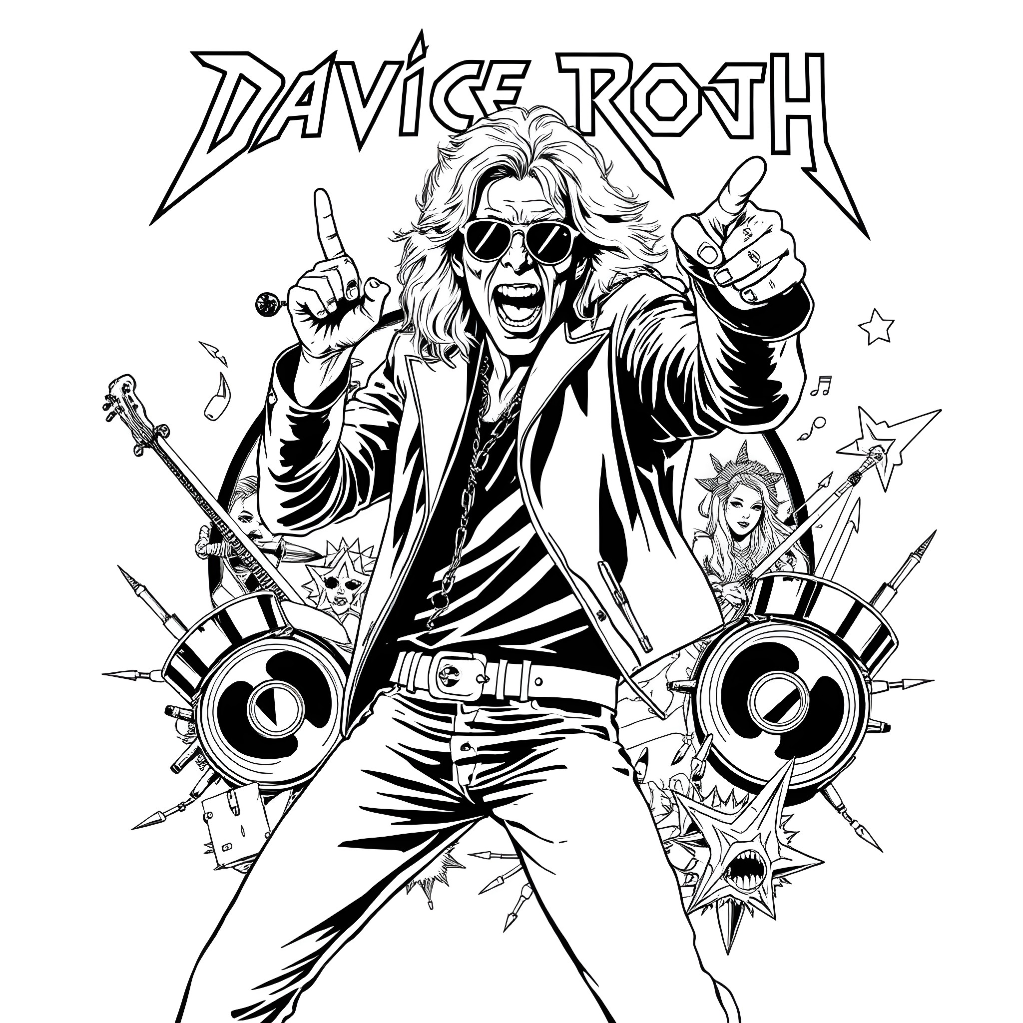 David Lee Roth in Energetic Rock Star Pose Coloring Page (free black-and-white line drawing printable PDF for all, from beginners to advanced learners, including children, teens, adults, and seniors)