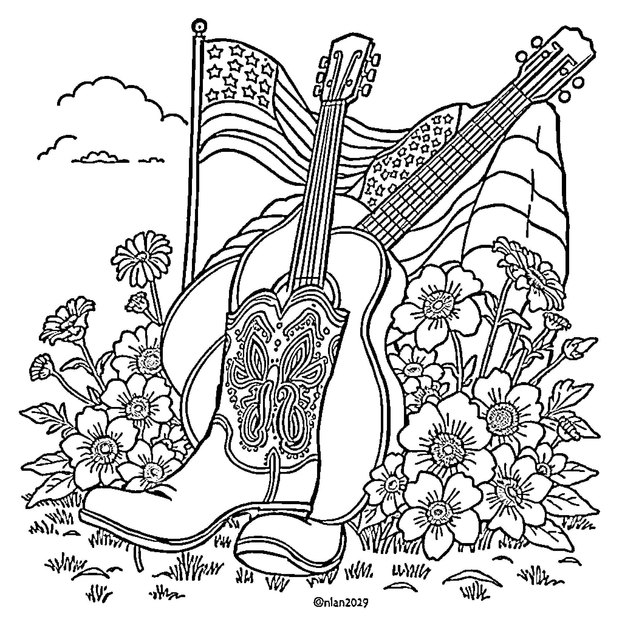 Cowboy guitar and American flag in flower field Coloring Page (free black-and-white line drawing printable PDF for all, from beginners to advanced learners, including children, teens, adults, and seniors)