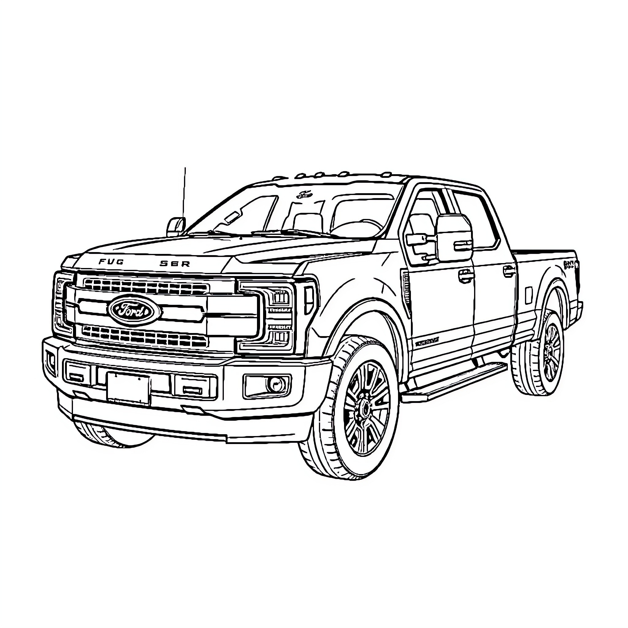 Ford F-250 Pickup Truck on the Road Coloring Page (free black-and-white line drawing printable PDF for all, from beginners to advanced learners, including children, teens, adults, and seniors)