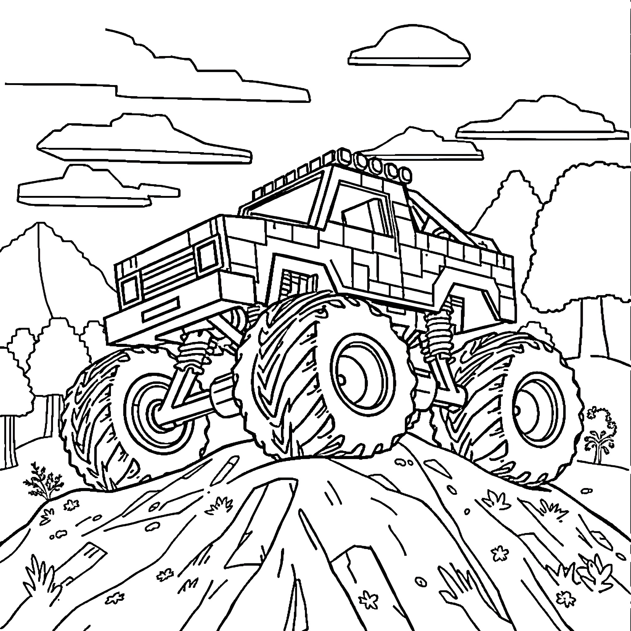 Monstertruck off-roading through the rugged terrain Coloring Page (free black-and-white line drawing printable PDF for all, from beginners to advanced learners, including children, teens, adults, and seniors)