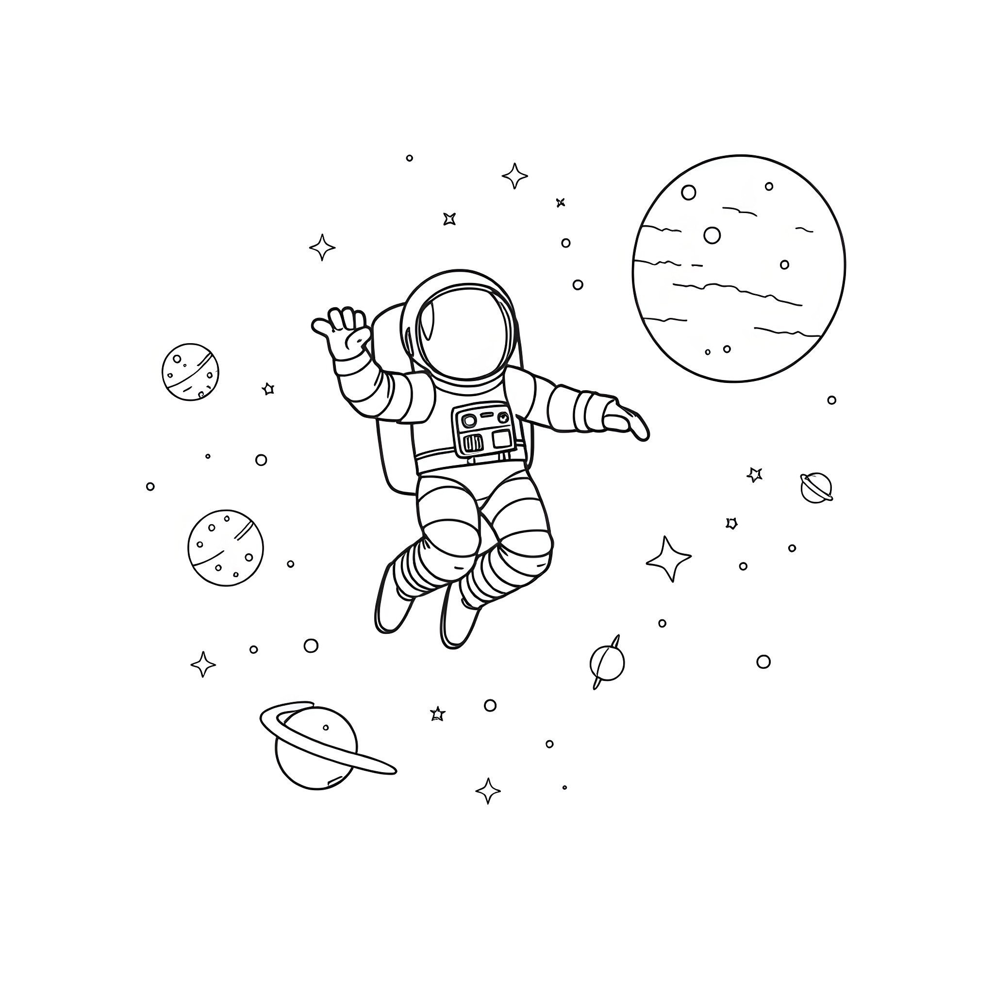 Astronaut floating in the cosmic space Coloring Page (free black-and-white line drawing printable PDF for all, from beginners to advanced learners, including children, teens, adults, and seniors)