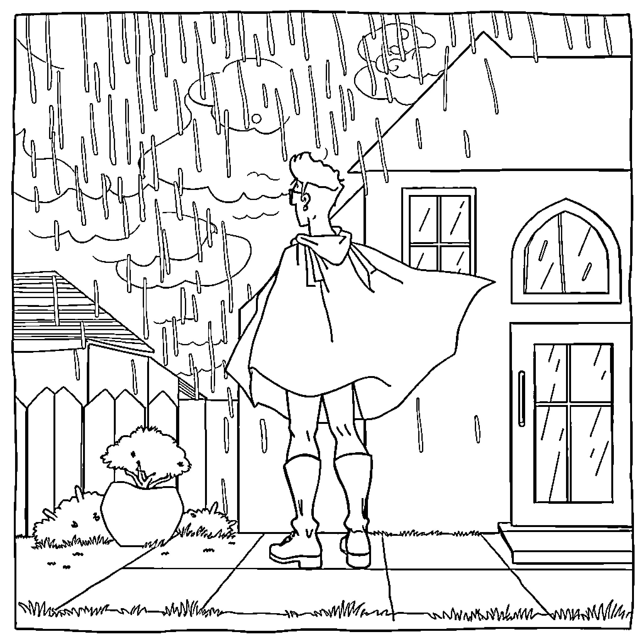 Superhero battling through rainy weather Coloring Page (free black-and-white line drawing printable PDF for all, from beginners to advanced learners, including children, teens, adults, and seniors)