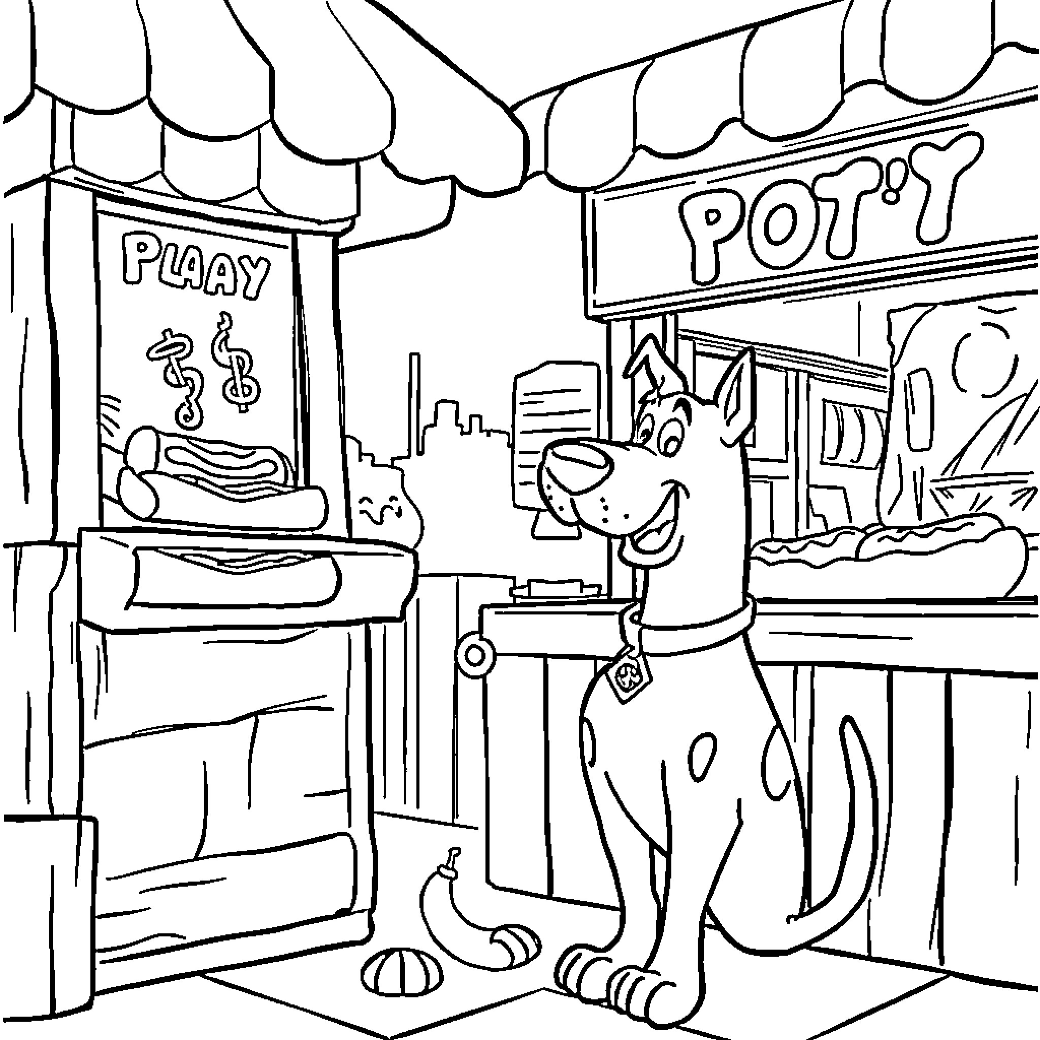 Scooby Doo visits the Pott shop in the city Coloring Page (free black-and-white line drawing printable PDF for all, from beginners to advanced learners, including children, teens, adults, and seniors)