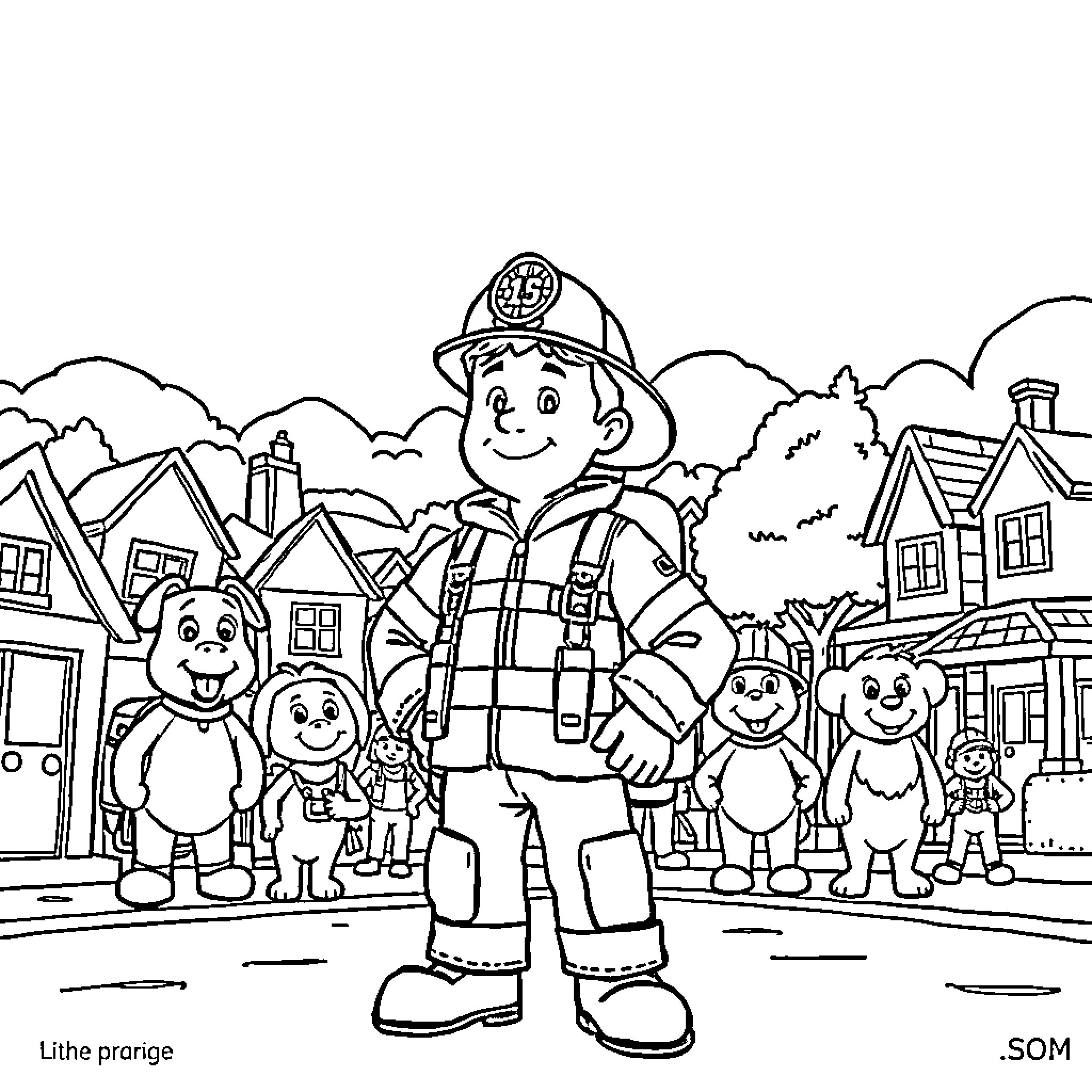 Fireman Sam with friends in a town Coloring Page (free black-and-white line drawing printable PDF for all, from beginners to advanced learners, including children, teens, adults, and seniors)