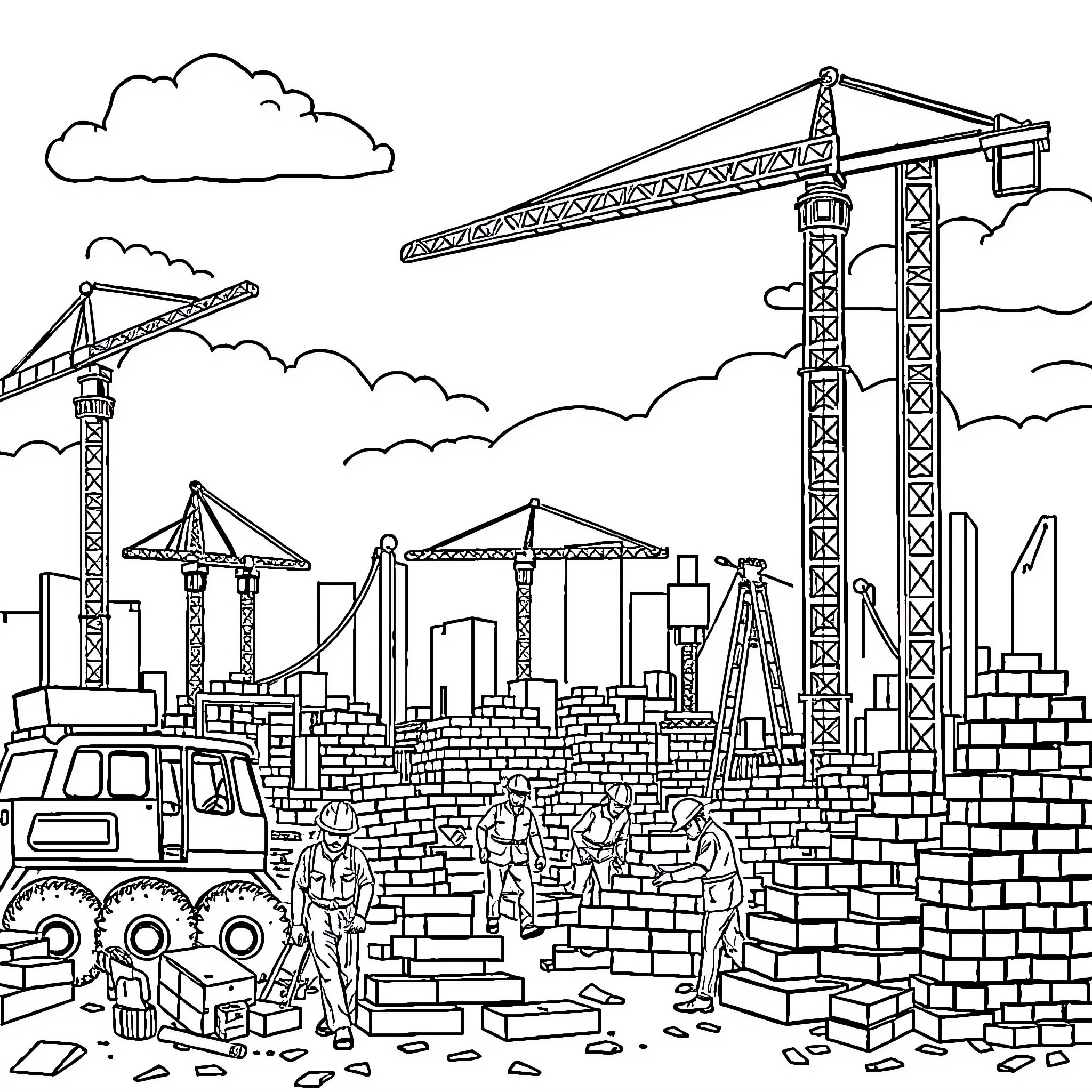Construction Site with Cranes and Workers Coloring Page (free black-and-white line drawing printable PDF for all, from beginners to advanced learners, including children, teens, adults, and seniors)