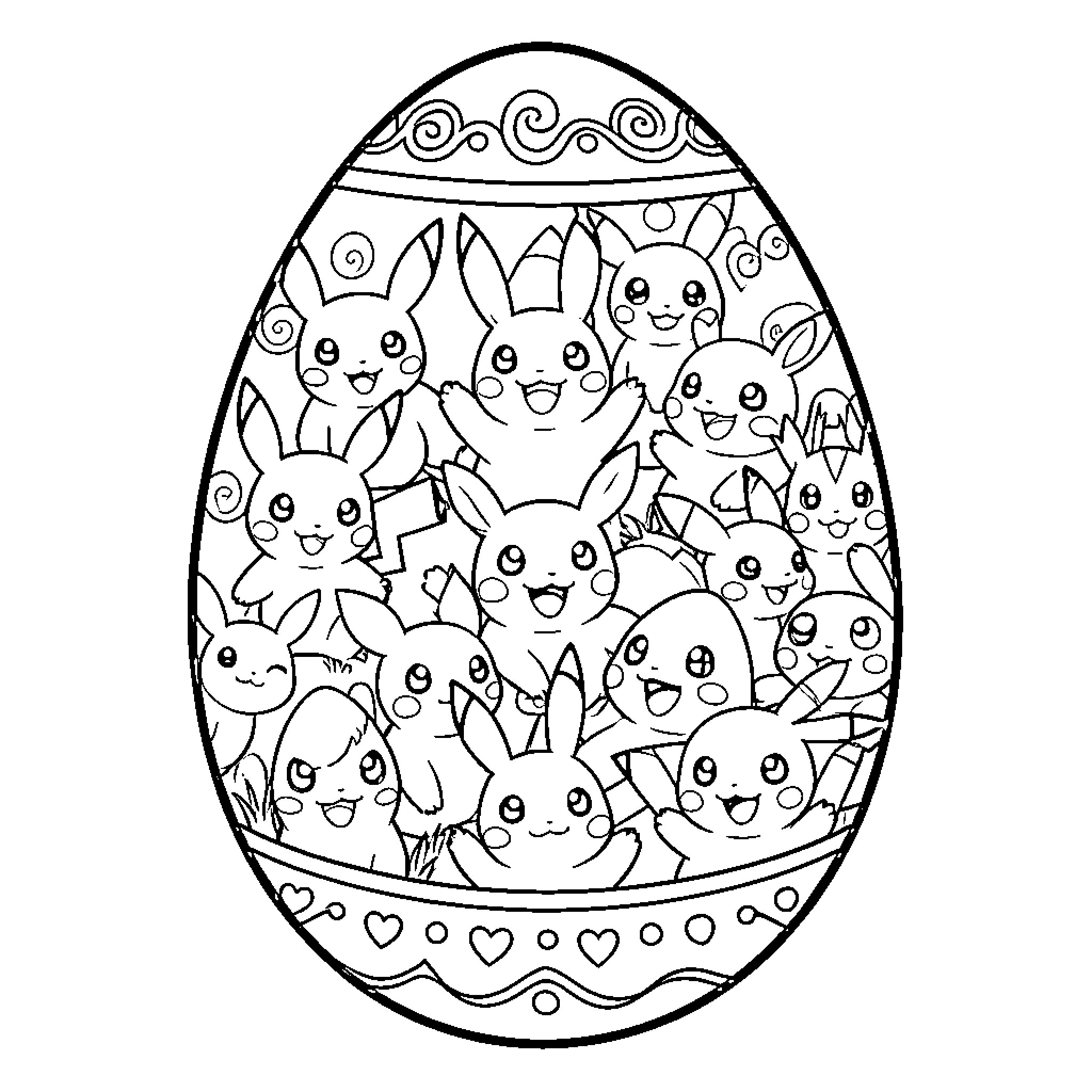 Egg-shaped frame with cute bunnies Coloring Page (free black-and-white line drawing printable PDF for all, from beginners to advanced learners, including children, teens, adults, and seniors)
