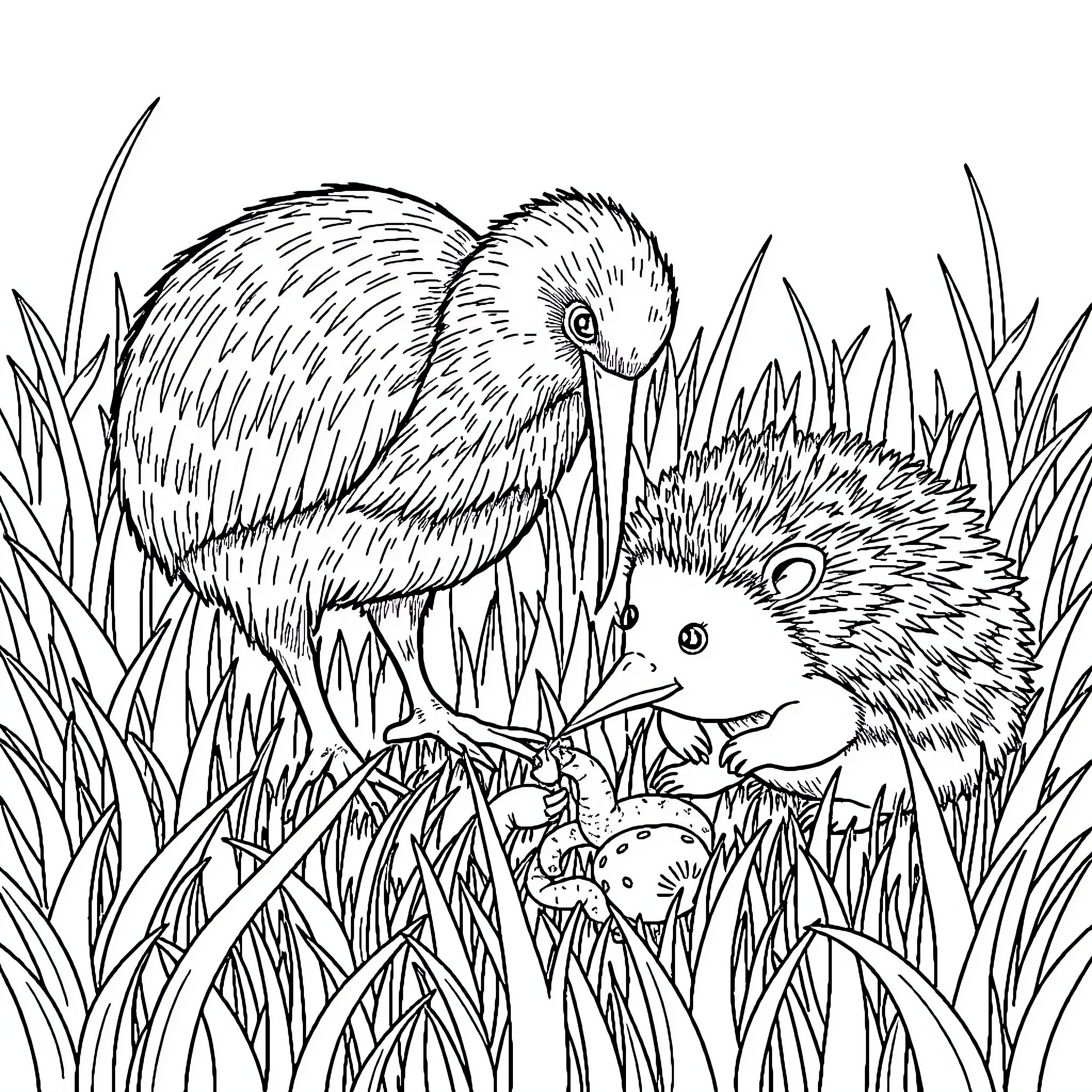 Kiwi and Hedgehog in the Grass Coloring Page (free black-and-white line drawing printable PDF for all, from beginners to advanced learners, including children, teens, adults, and seniors)