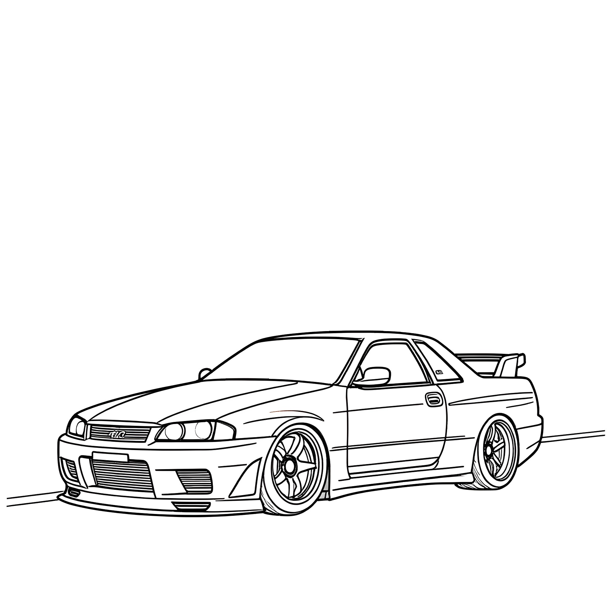 GTR R32 tuned sports car on the road Coloring Page (free black-and-white line drawing printable PDF for all, from beginners to advanced learners, including children, teens, adults, and seniors)