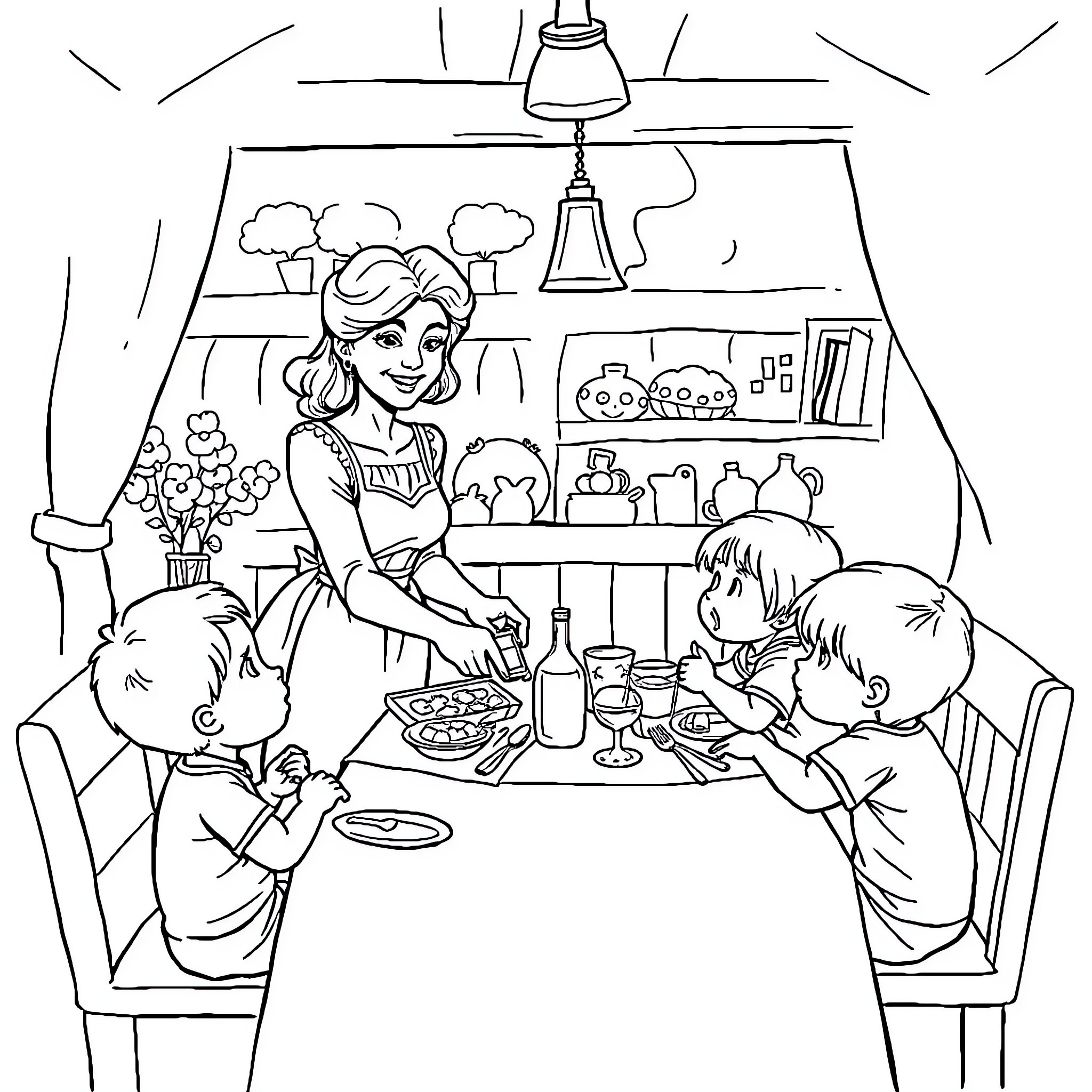 Dame serves family a hearty meal in cozy kitchen Coloring Page (free black-and-white line drawing printable PDF for all, from beginners to advanced learners, including children, teens, adults, and seniors)