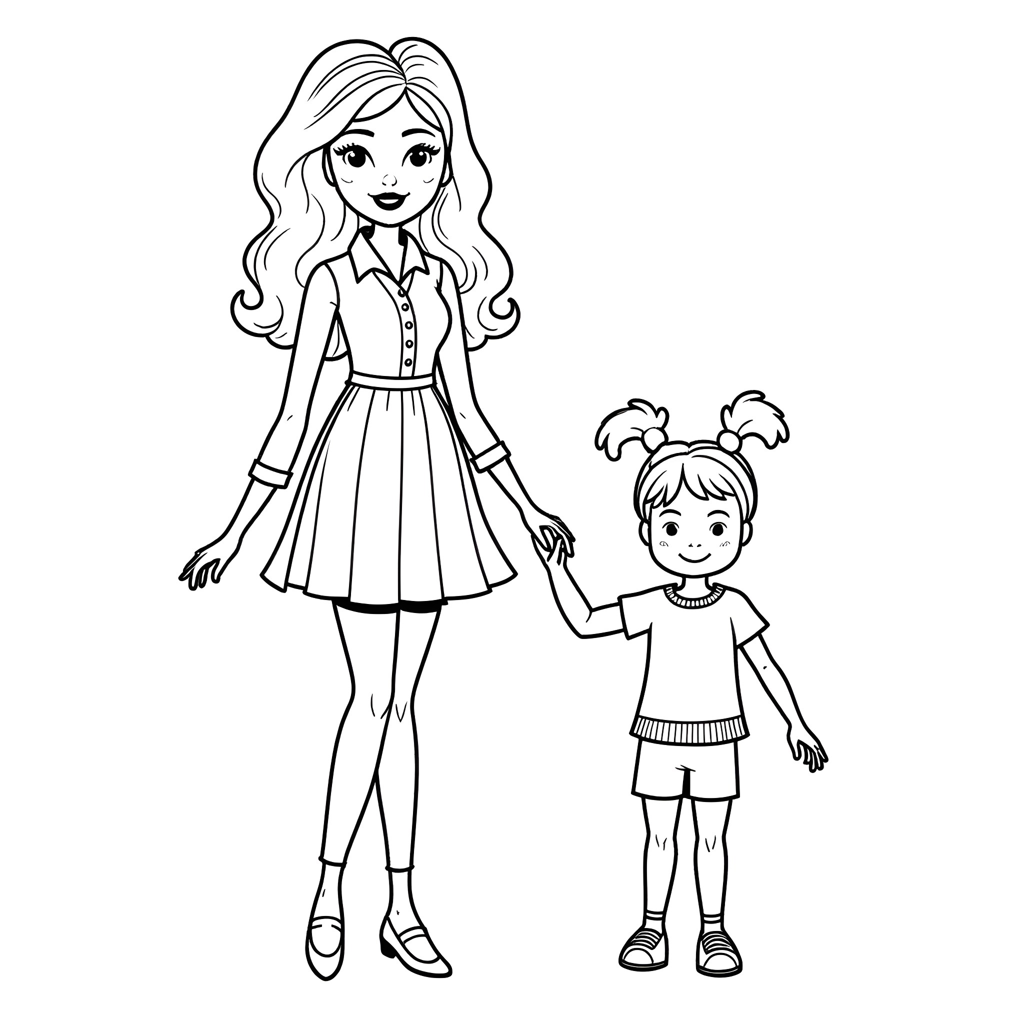 Barbie spending time with young girl Coloring Page (free black-and-white line drawing printable PDF for all, from beginners to advanced learners, including children, teens, adults, and seniors)