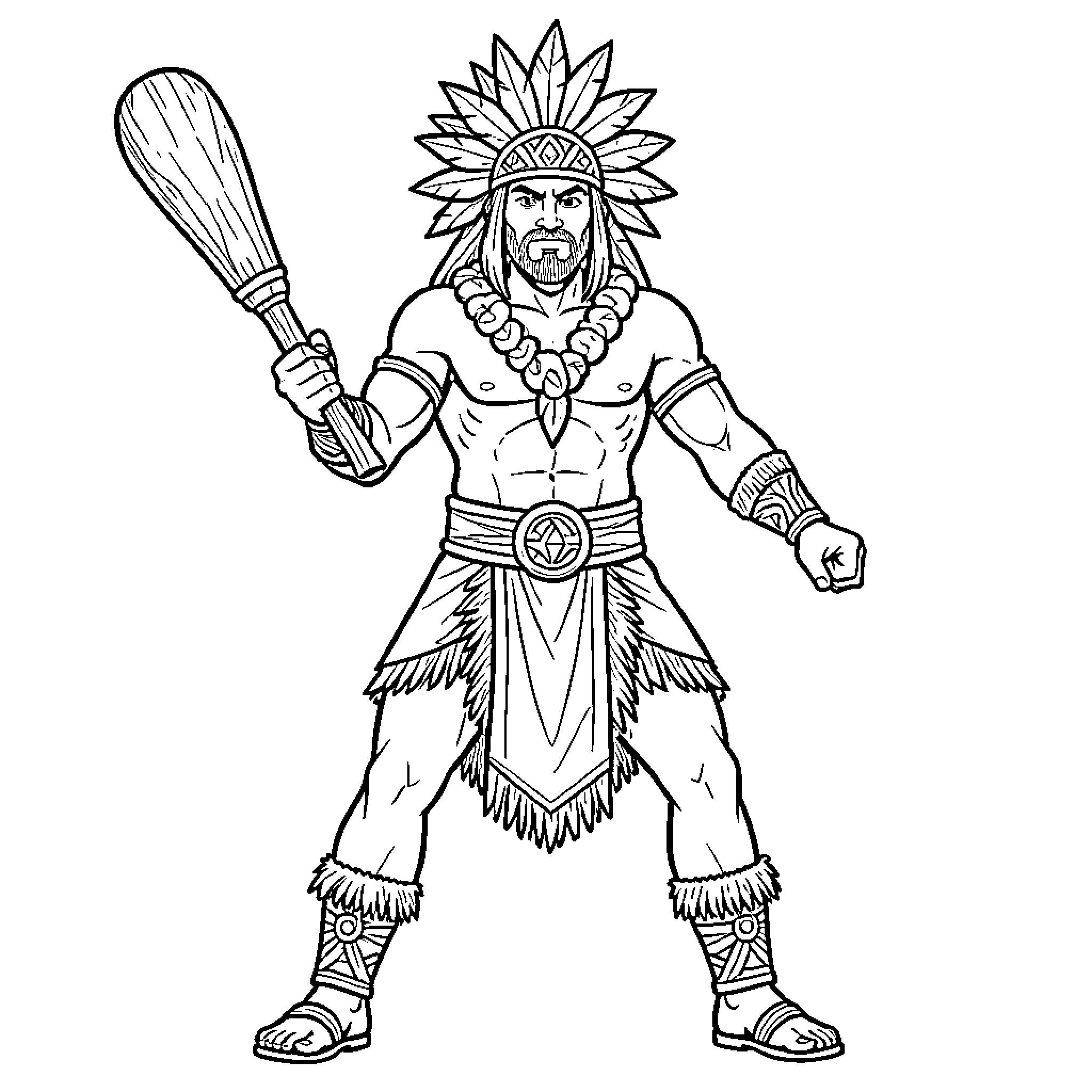 Warrior holding a club in traditional tribal attire Coloring Page (free black-and-white line drawing printable PDF for all, from beginners to advanced learners, including children, teens, adults, and seniors)