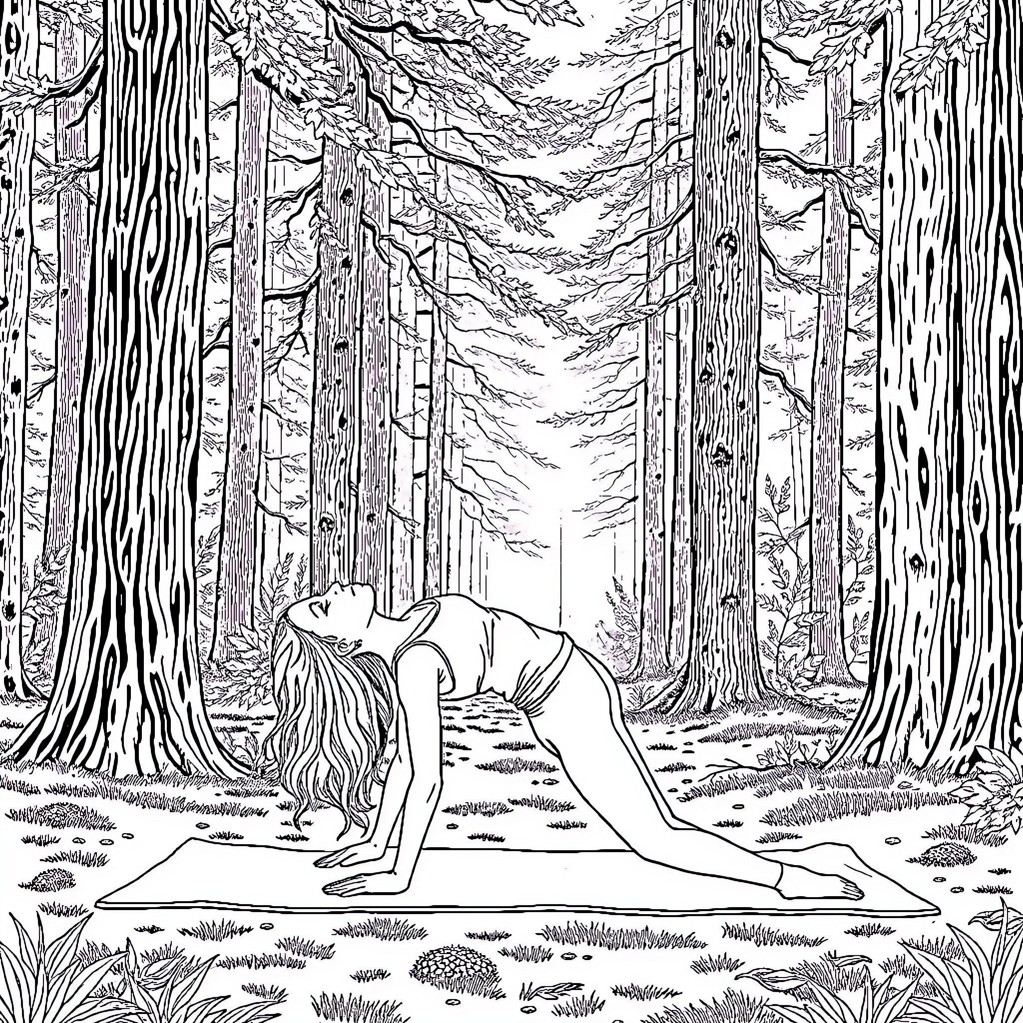 Woman contemplating in tranquil forest Coloring Page (free black-and-white line drawing printable PDF for all, from beginners to advanced learners, including children, teens, adults, and seniors)