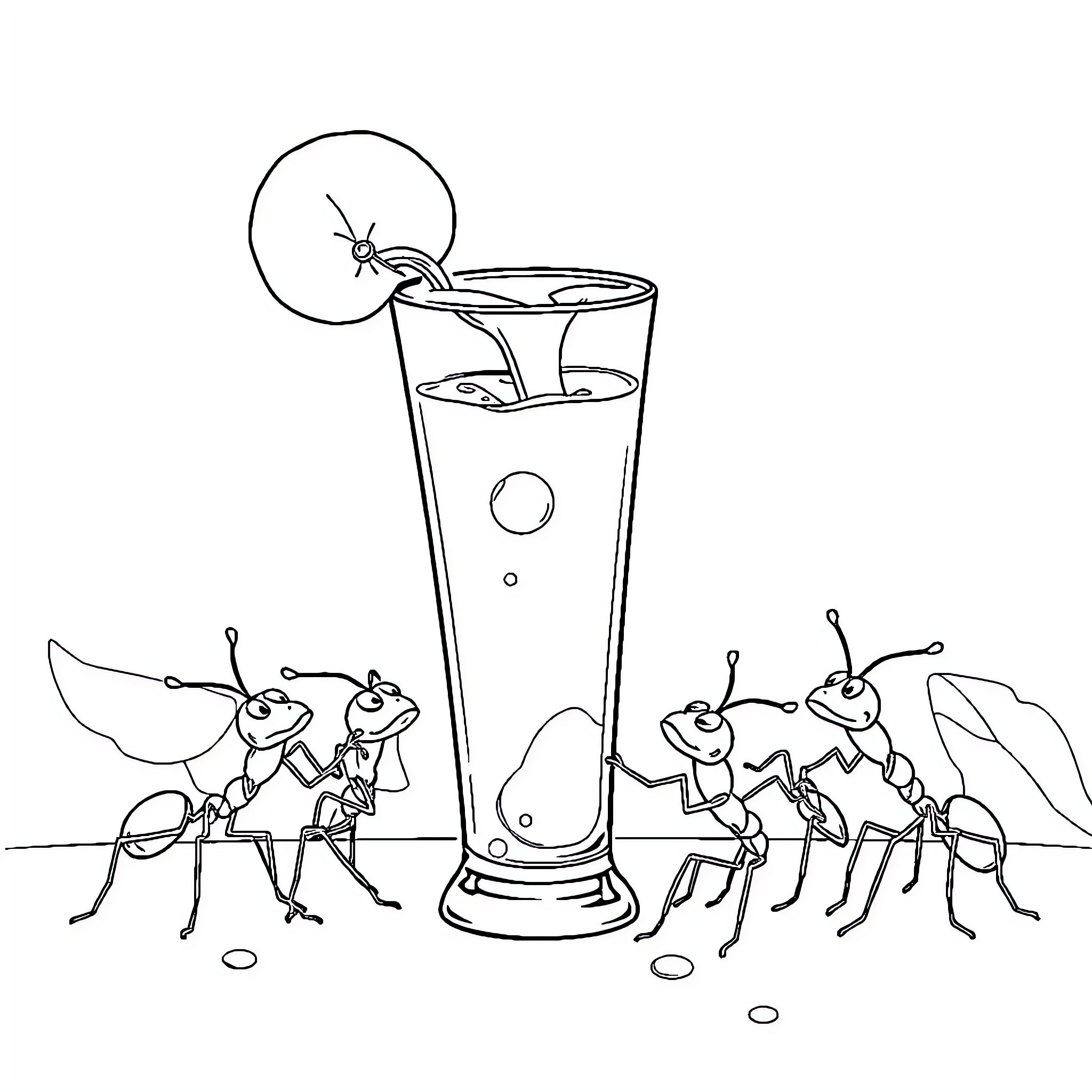 Ants enjoying a refreshing drink together Coloring Page (free black-and-white line drawing printable PDF for all, from beginners to advanced learners, including children, teens, adults, and seniors)