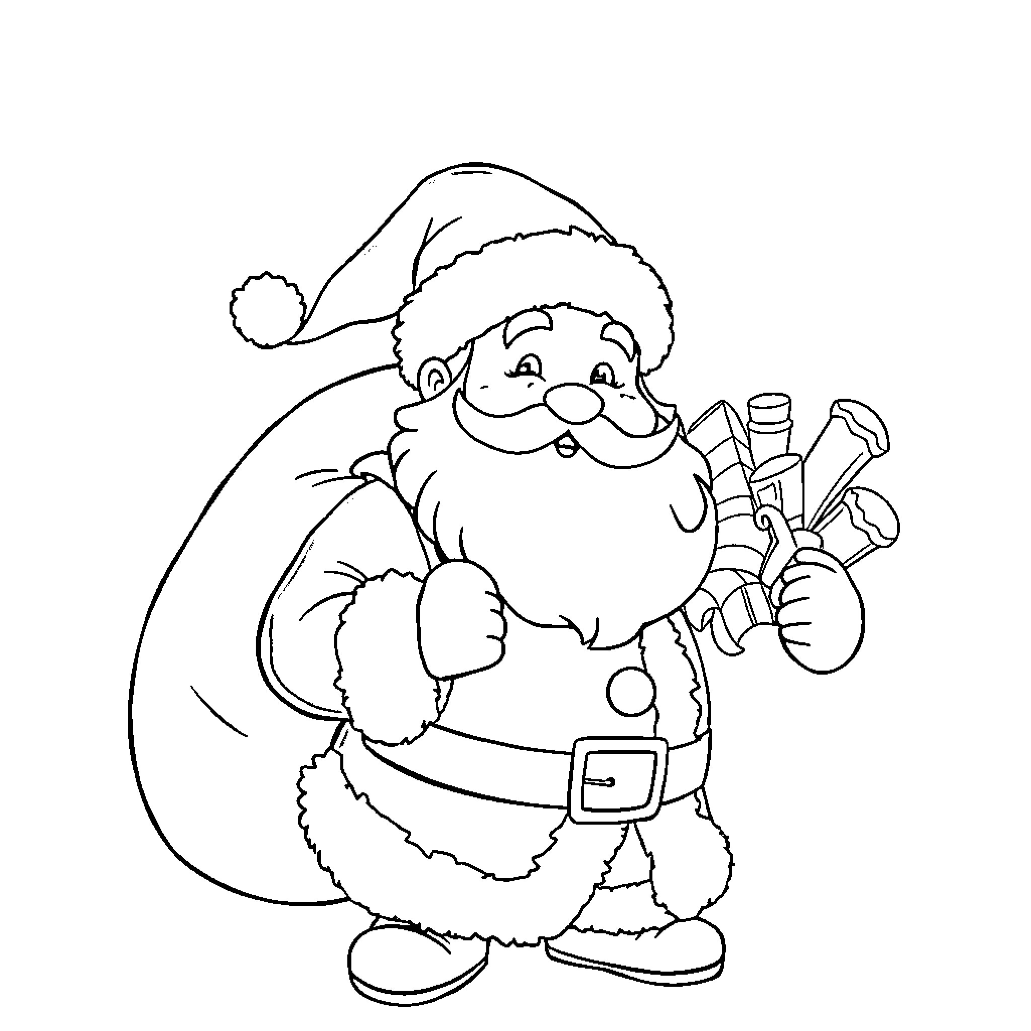 Santa Claus with a sack of gifts Coloring Page (free black-and-white line drawing printable PDF for all, from beginners to advanced learners, including children, teens, adults, and seniors)