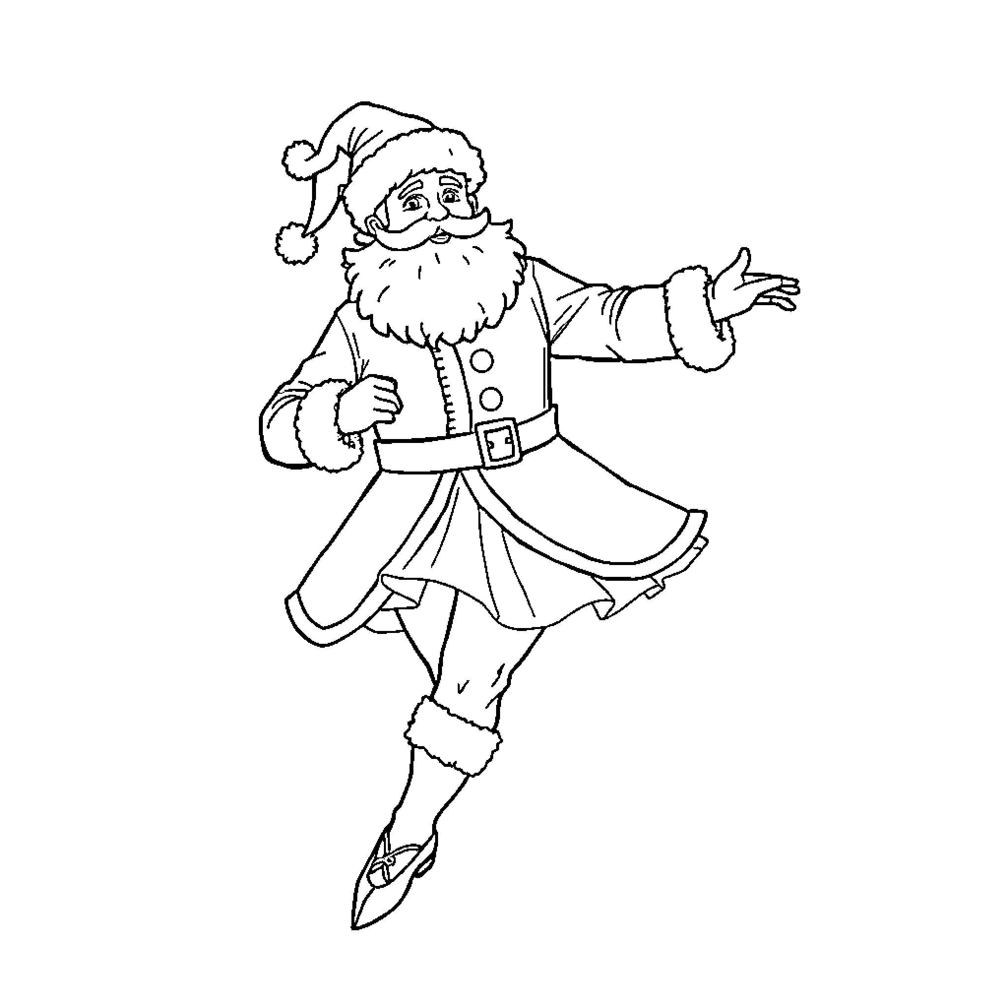Père Noël skating happily on ice Coloring Page (free black-and-white line drawing printable PDF for all, from beginners to advanced learners, including children, teens, adults, and seniors)