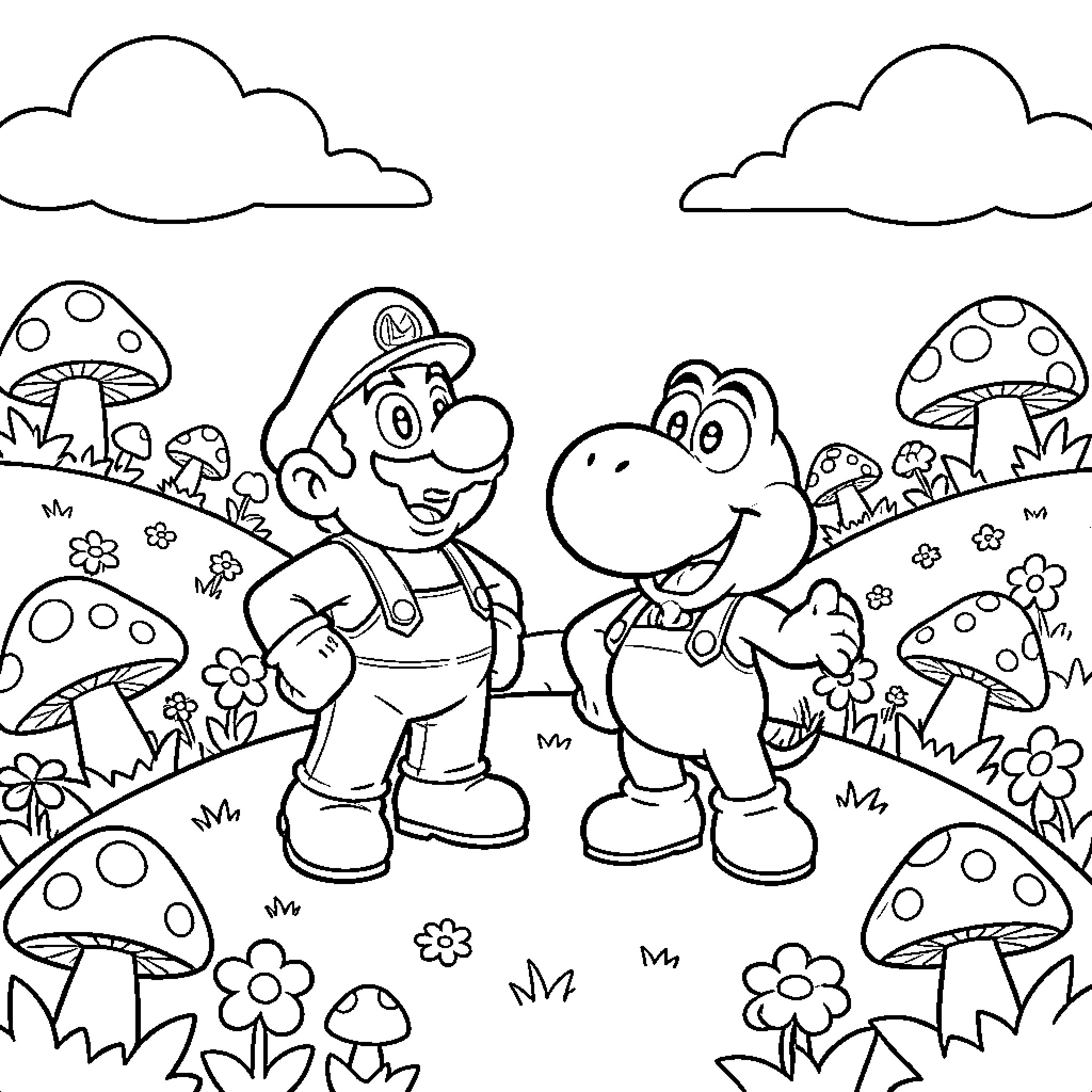 Mario and Yoshi in a Whimsical Mushroom Landscape Coloring Page (free black-and-white line drawing printable PDF for all, from beginners to advanced learners, including children, teens, adults, and seniors)