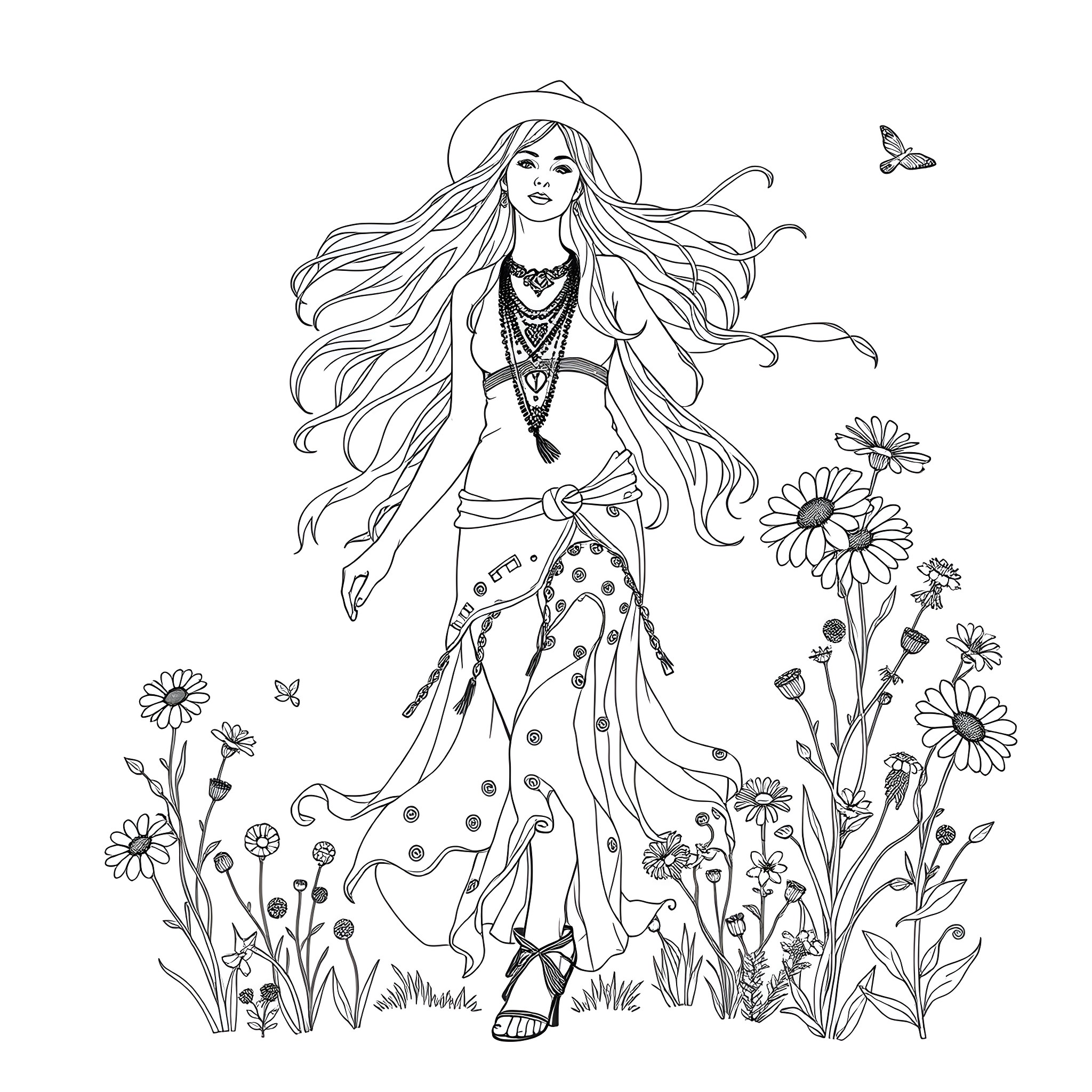 Hippie woman enjoying nature's beauty Coloring Page (free black-and-white line drawing printable PDF for all, from beginners to advanced learners, including children, teens, adults, and seniors)