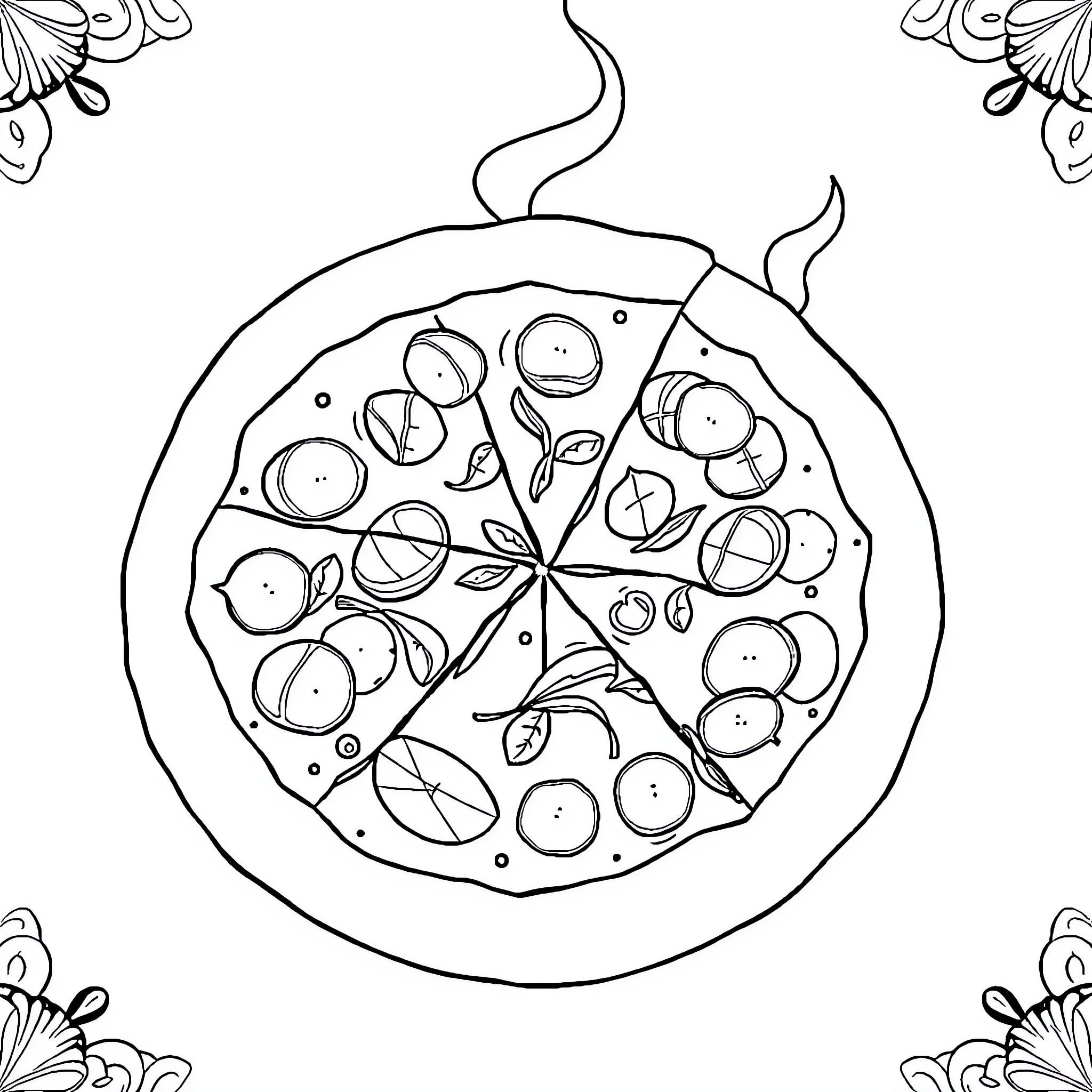 Pizza with Various Toppings and Decorative Borders Coloring Page (free black-and-white line drawing printable PDF for all, from beginners to advanced learners, including children, teens, adults, and seniors)