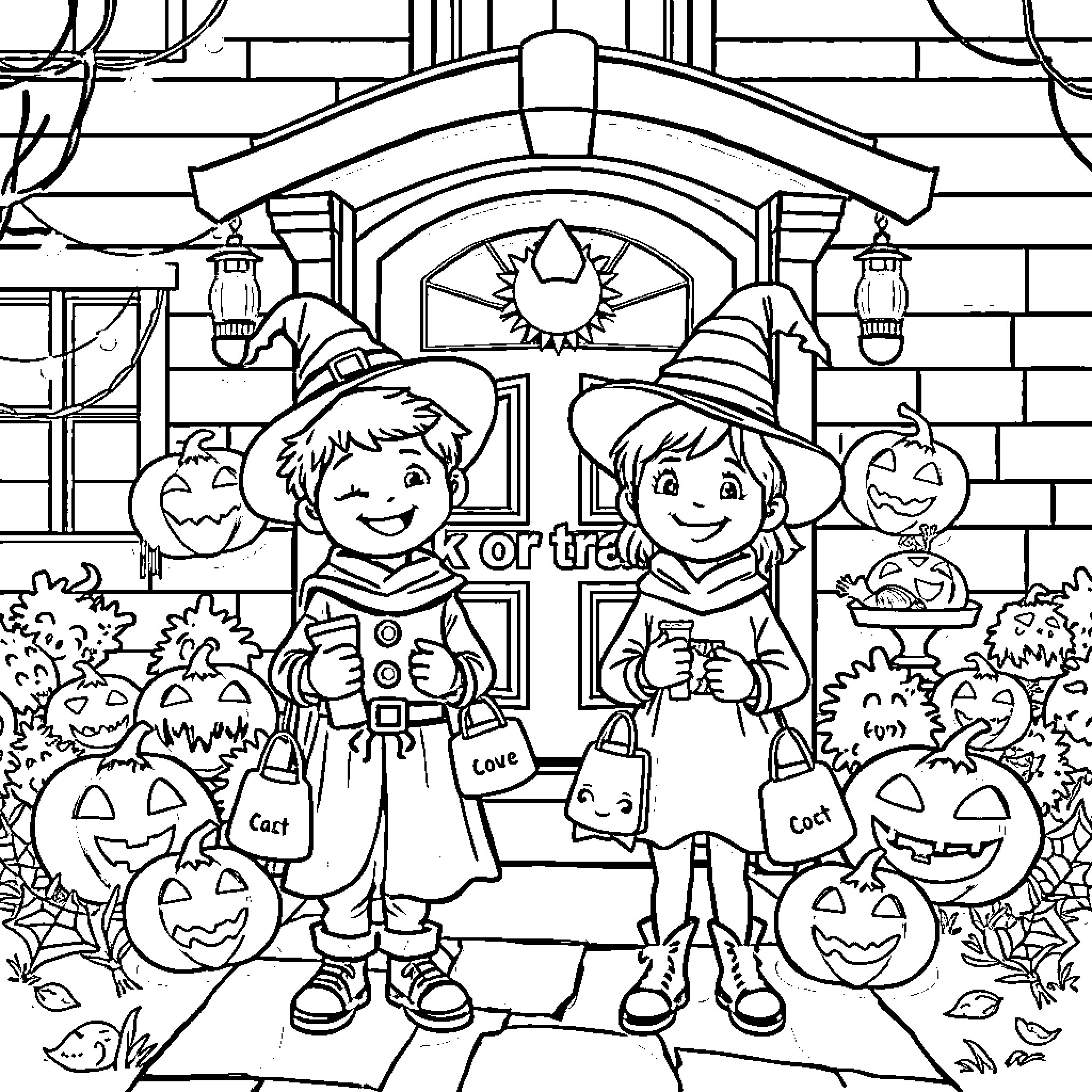 Kid Trick-or-Treating on Halloween Coloring Page (free black-and-white line drawing printable PDF for all, from beginners to advanced learners, including children, teens, adults, and seniors)