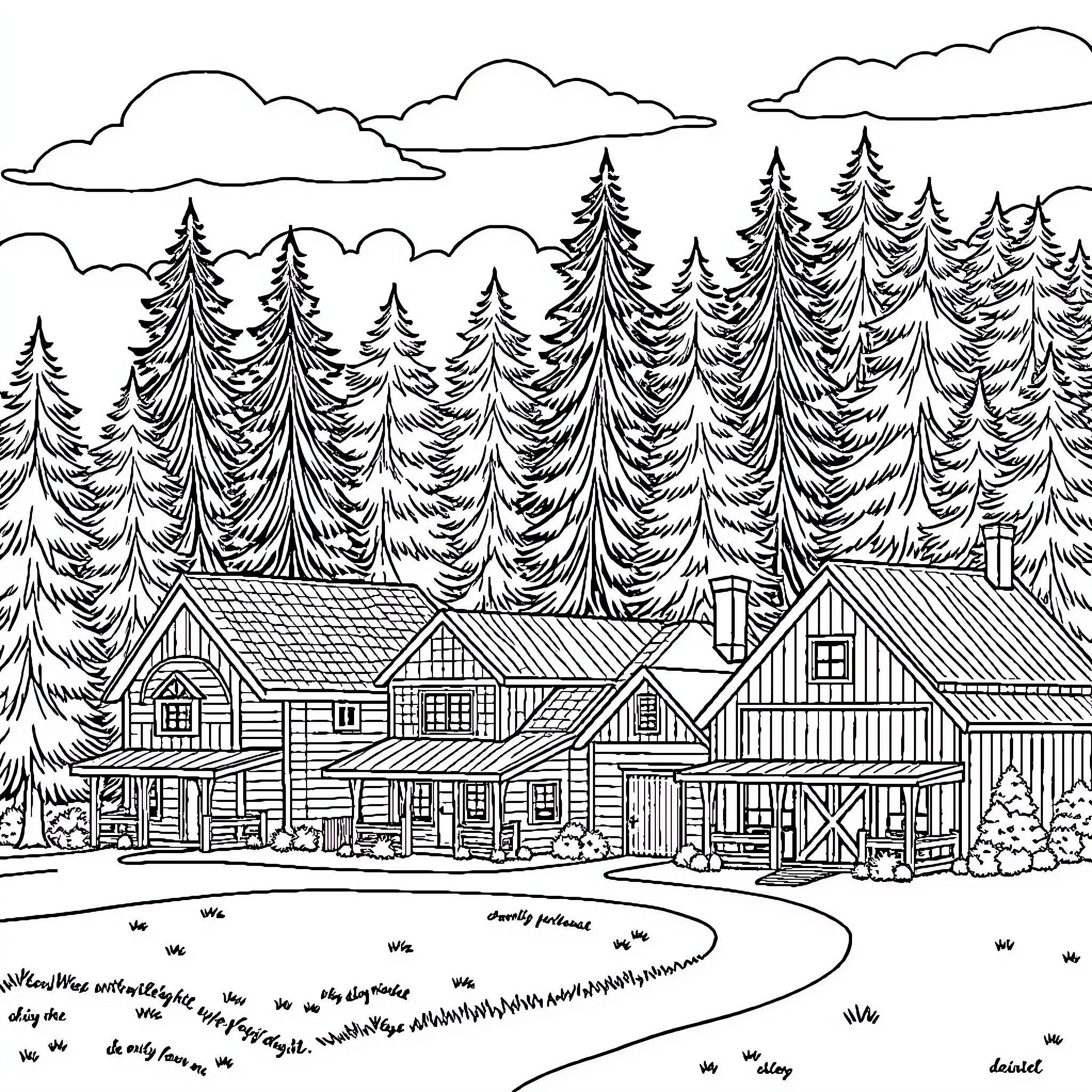 Farm houses nestled in a forested landscape Coloring Page (free black-and-white line drawing printable PDF for all, from beginners to advanced learners, including children, teens, adults, and seniors)