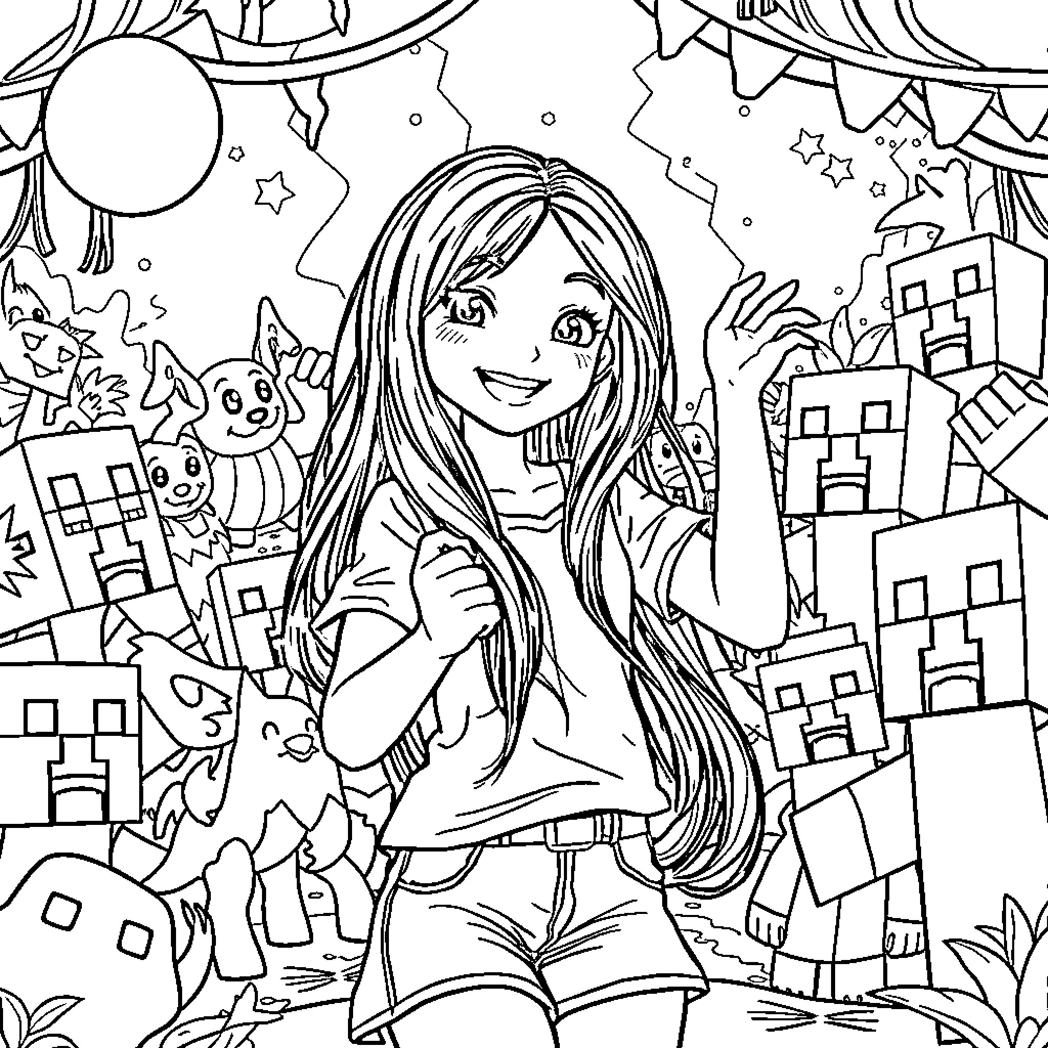 Girl celebrating in a whimsical cityscape Coloring Page (free black-and-white line drawing printable PDF for all, from beginners to advanced learners, including children, teens, adults, and seniors)