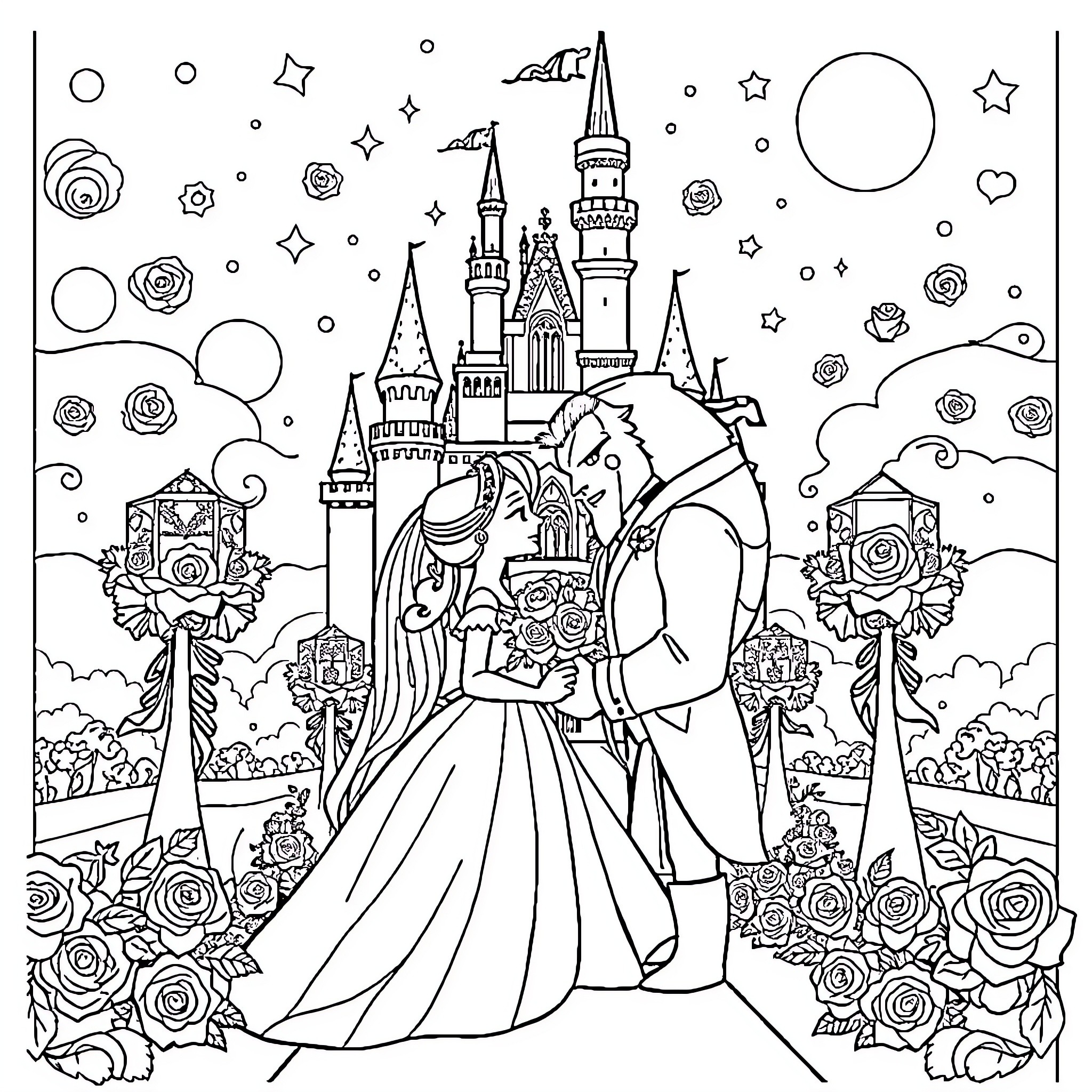 Beauty And The Beast Dancing In A Magical Castle Coloring Page (free black-and-white line drawing printable PDF for all, from beginners to advanced learners, including children, teens, adults, and seniors)