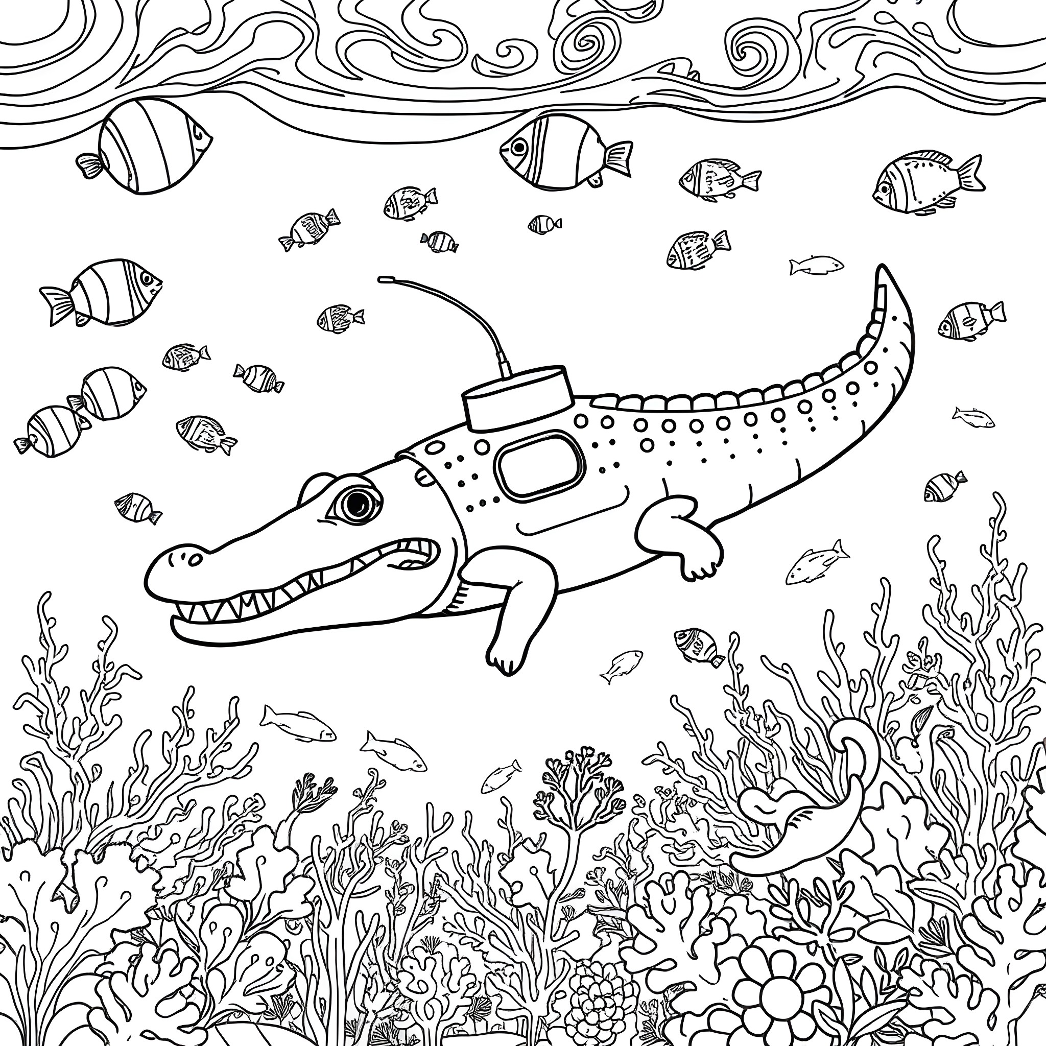 Alligator swimming among colorful marine life Coloring Page (free black-and-white line drawing printable PDF for all, from beginners to advanced learners, including children, teens, adults, and seniors)