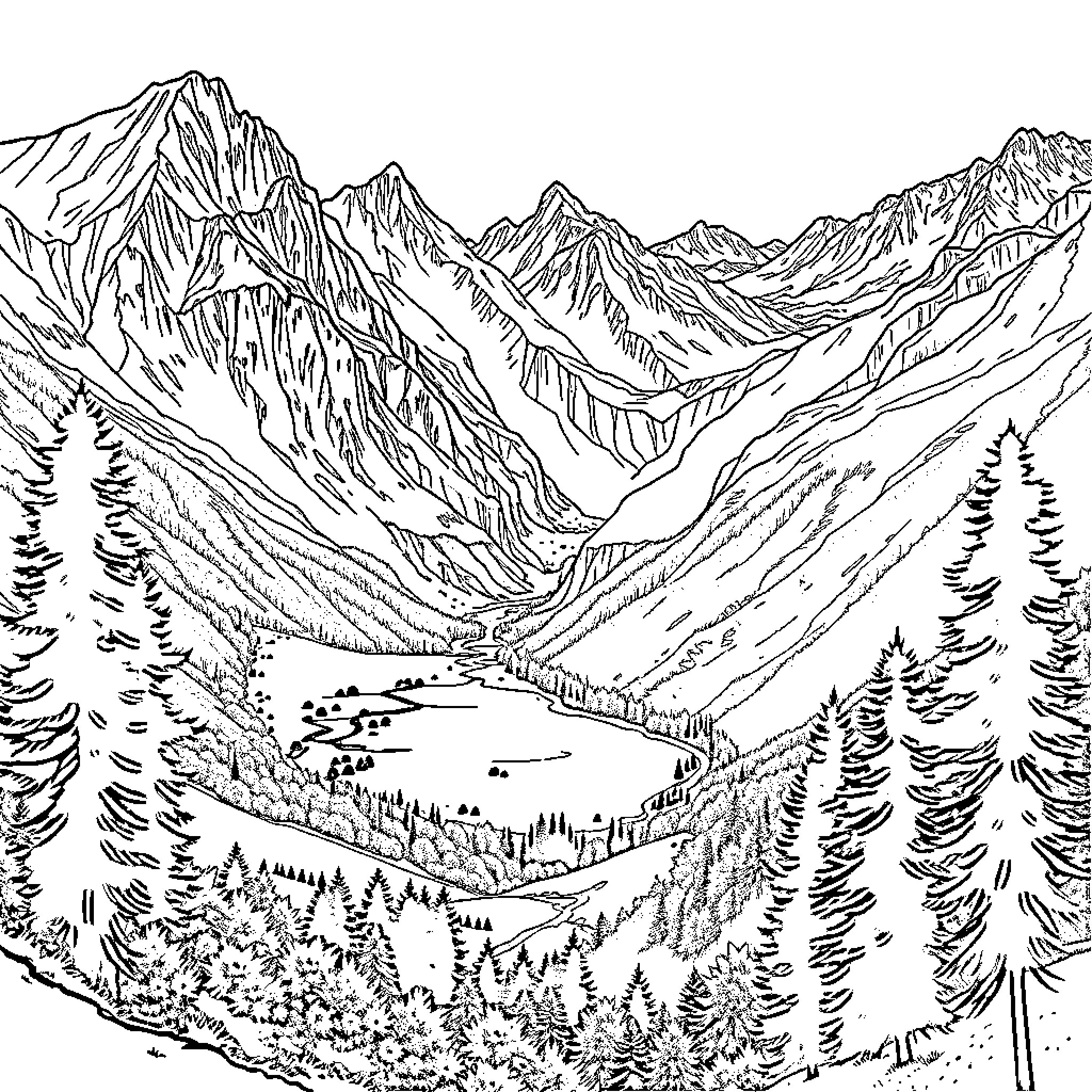 Los Ancares: Majestic Mountain Landscape Captivates Coloring Page (free black-and-white line drawing printable PDF for all, from beginners to advanced learners, including children, teens, adults, and seniors)