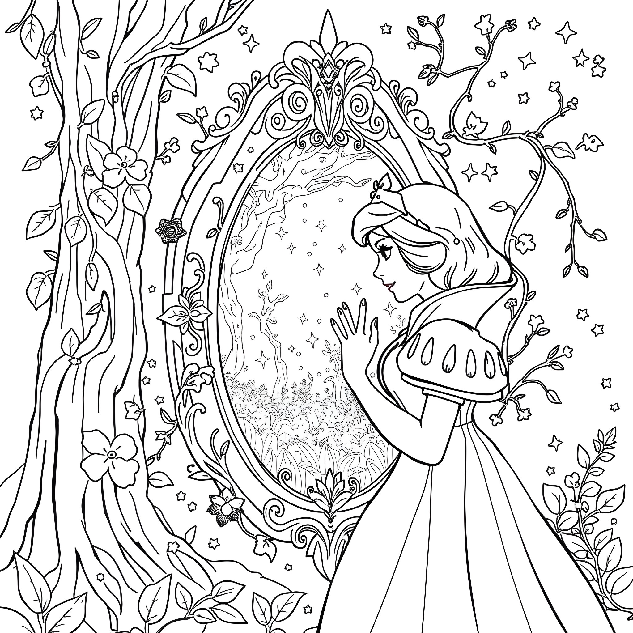 Magic Mirror: Princess admiring herself in an enchanted mirror Coloring Page (free black-and-white line drawing printable PDF for all, from beginners to advanced learners, including children, teens, adults, and seniors)