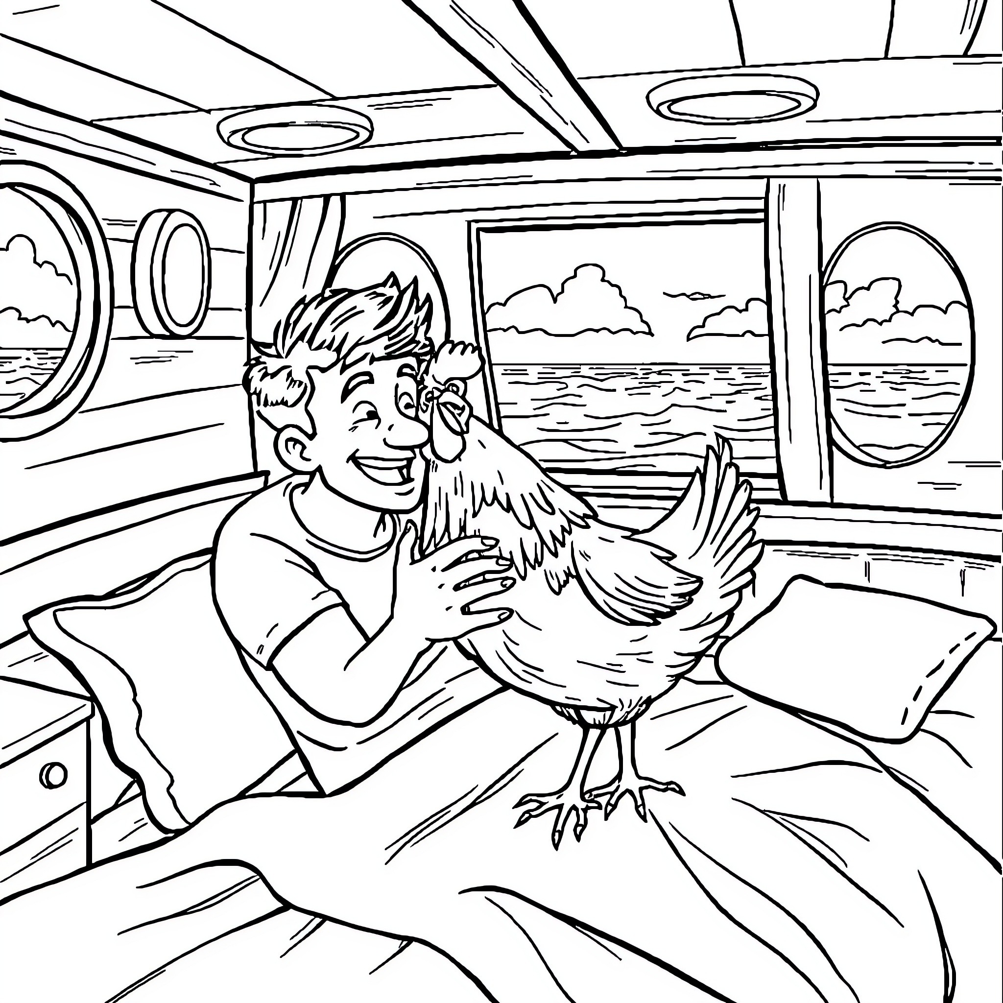 Man petting a chicken on a train Coloring Page (free black-and-white line drawing printable PDF for all, from beginners to advanced learners, including children, teens, adults, and seniors)