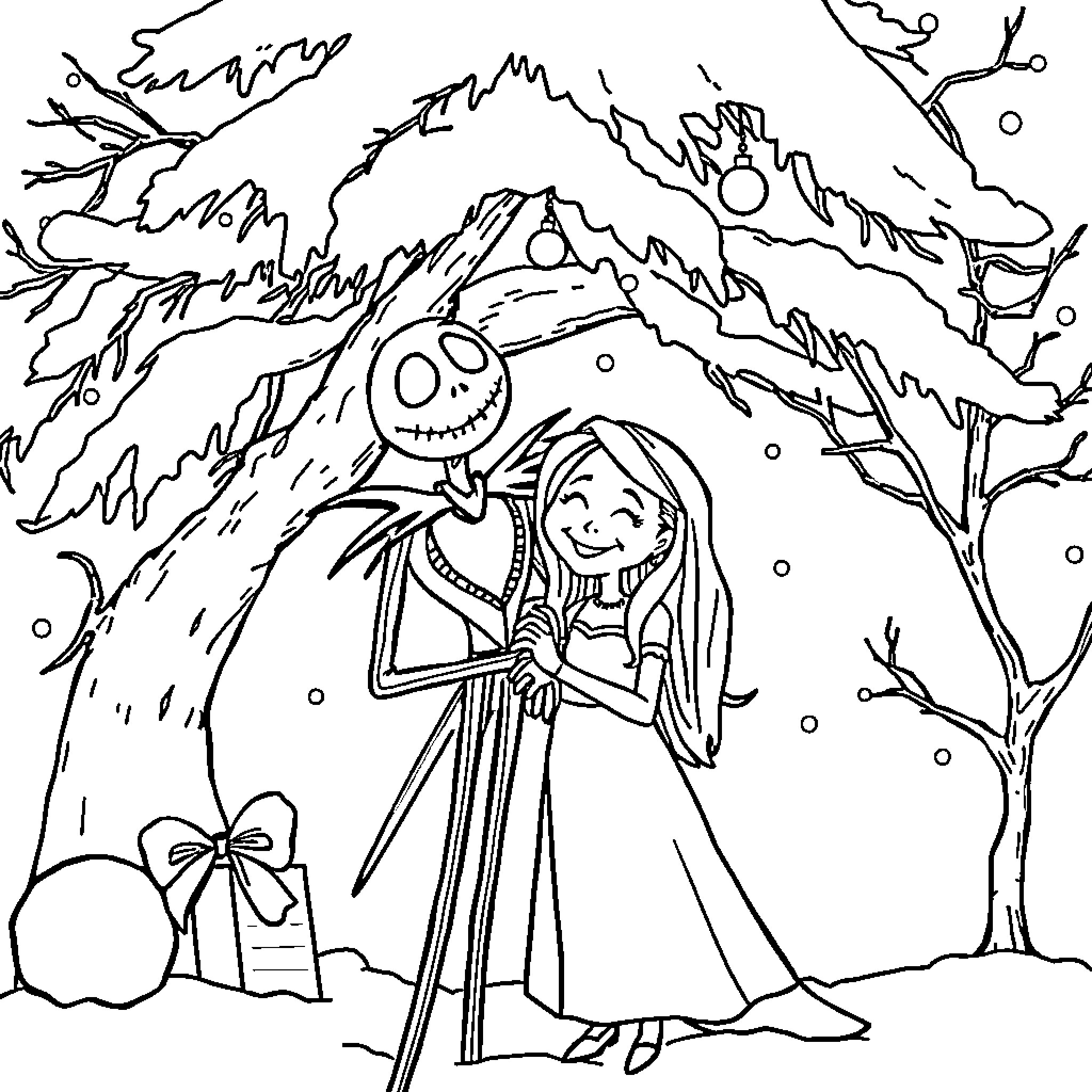 Jack and Sally bundled up for a winter stroll Coloring Page (free black-and-white line drawing printable PDF for all, from beginners to advanced learners, including children, teens, adults, and seniors)