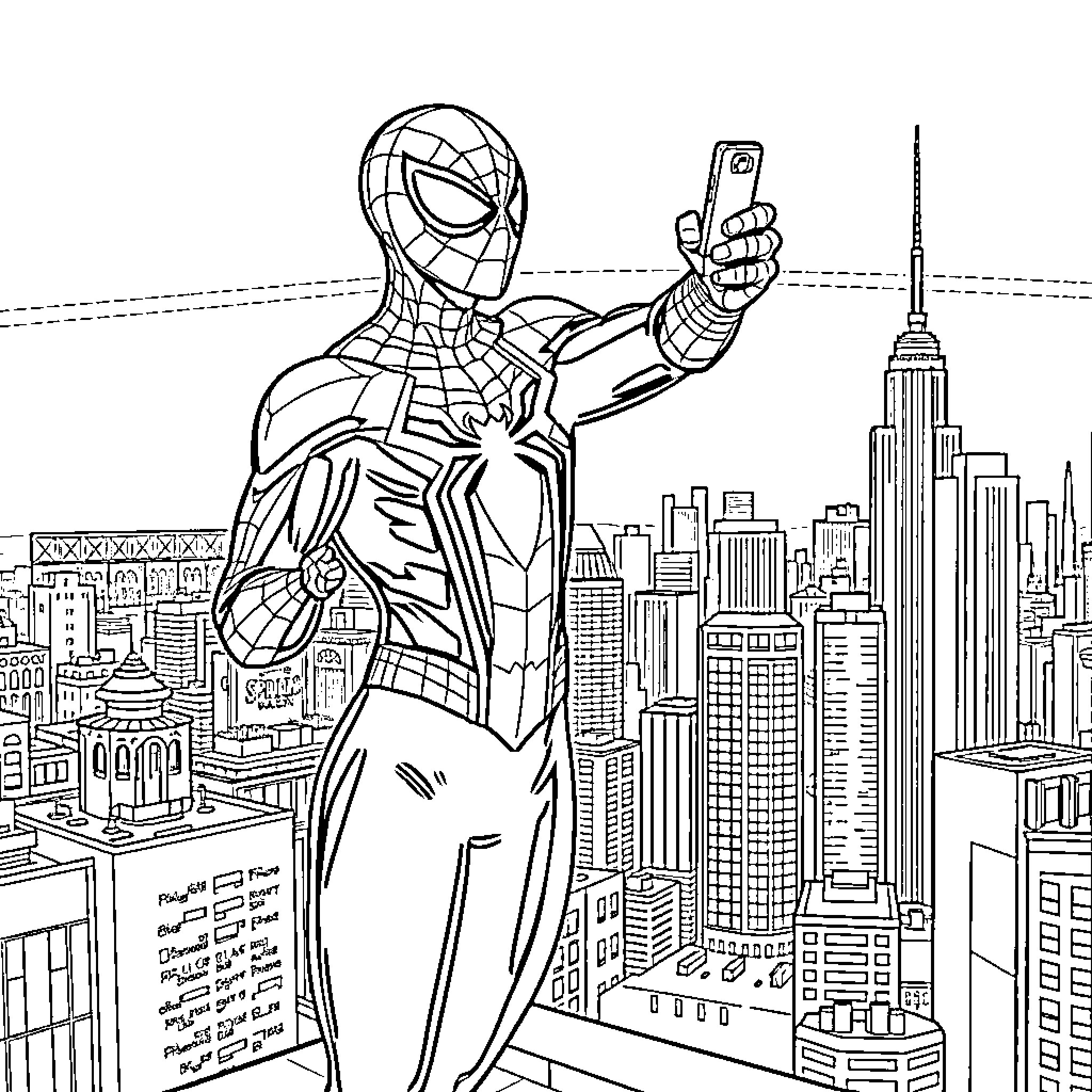 Spider-Man swinging through the city skyline Coloring Page (free black-and-white line drawing printable PDF for all, from beginners to advanced learners, including children, teens, adults, and seniors)