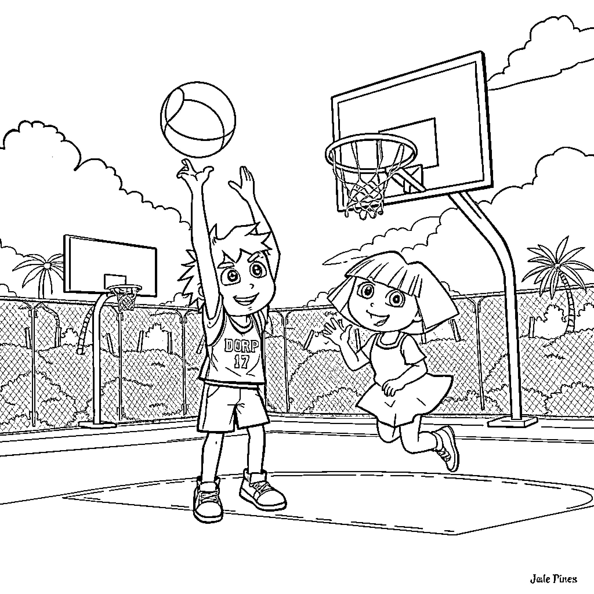 Joe Dirt plays basketball with friends on the court Coloring Page (free black-and-white line drawing printable PDF for all, from beginners to advanced learners, including children, teens, adults, and seniors)
