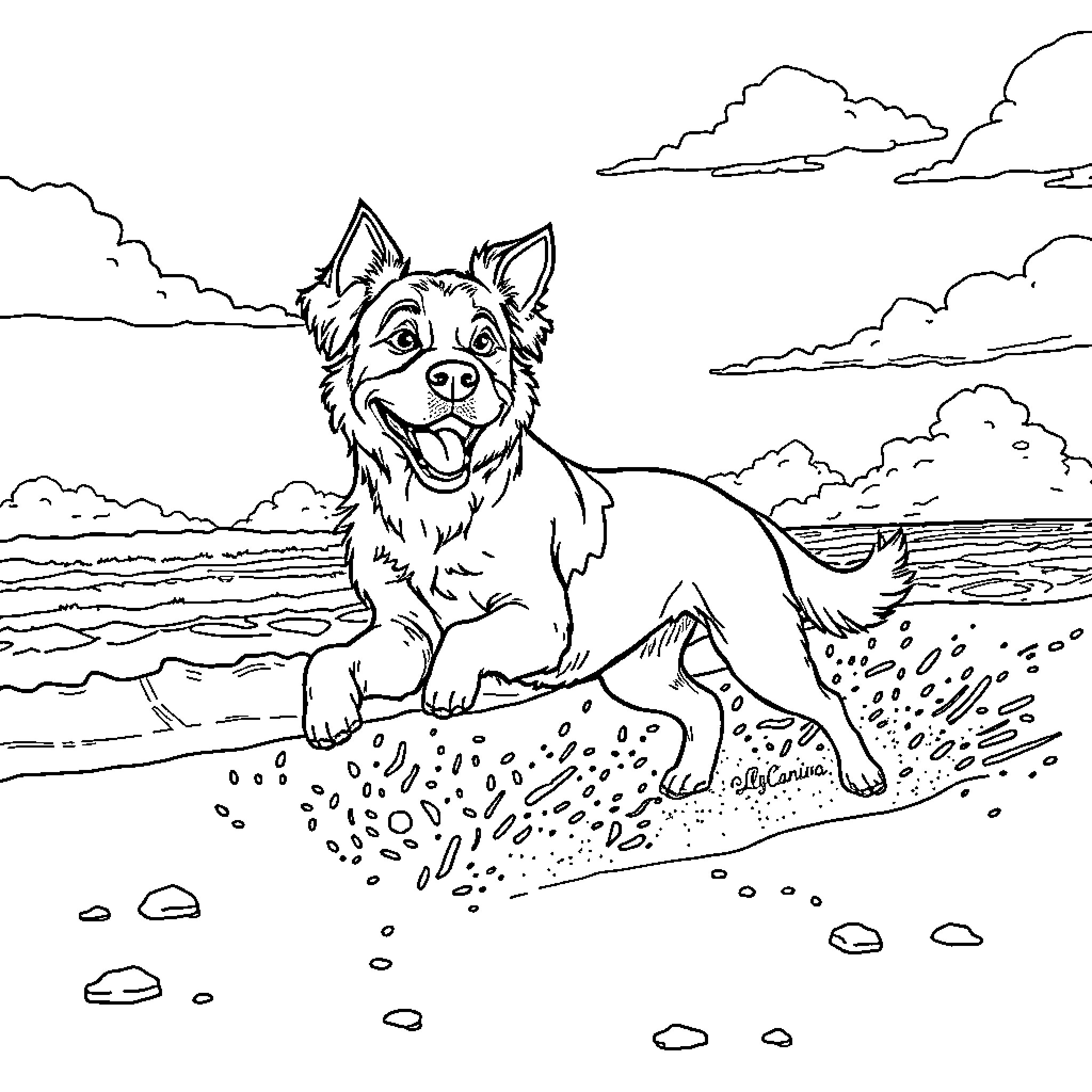 Paw Patrol Dog Playing on the Beach Coloring Page (free black-and-white line drawing printable PDF for all, from beginners to advanced learners, including children, teens, adults, and seniors)