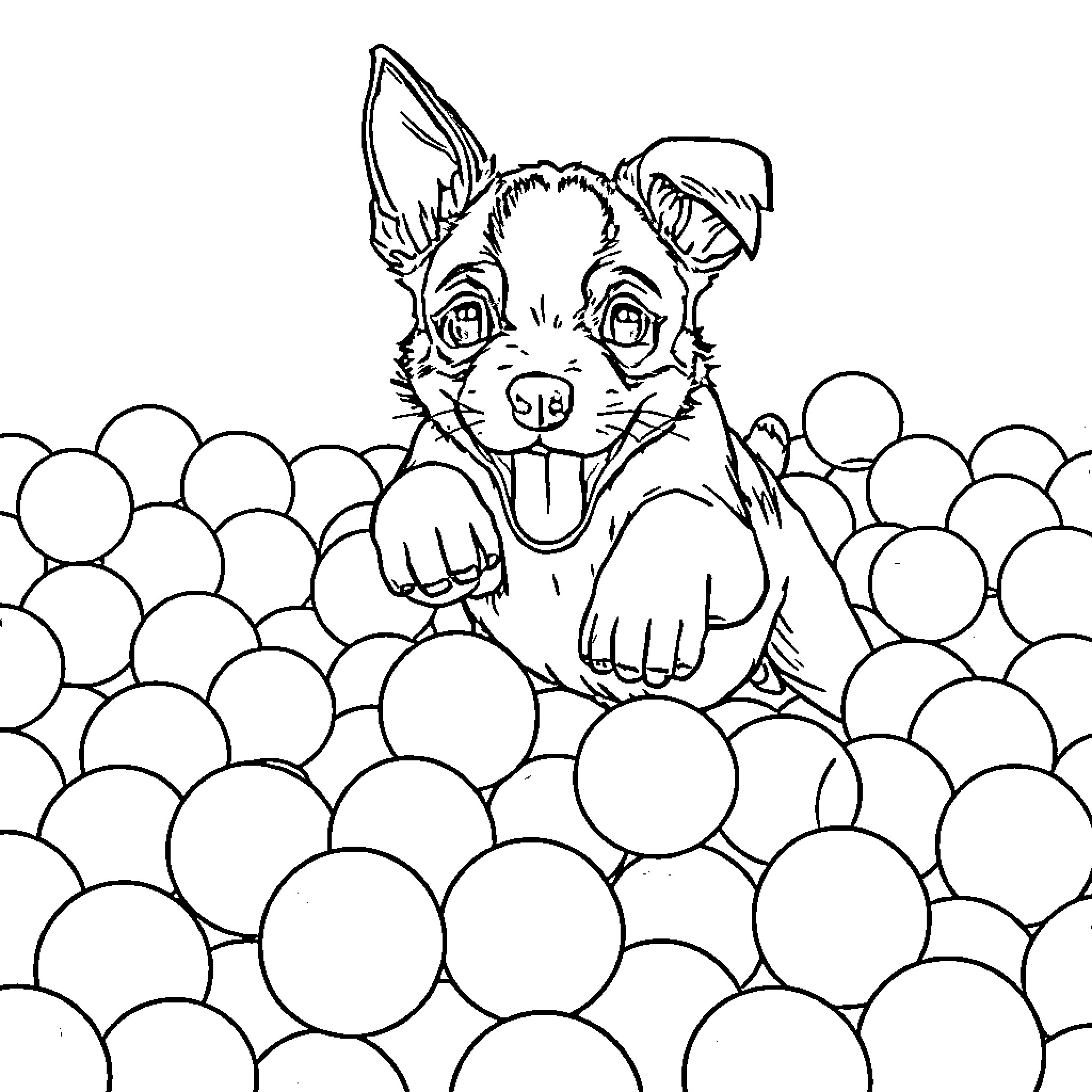 Puppy playing happily in a field of balls Coloring Page (free black-and-white line drawing printable PDF for all, from beginners to advanced learners, including children, teens, adults, and seniors)