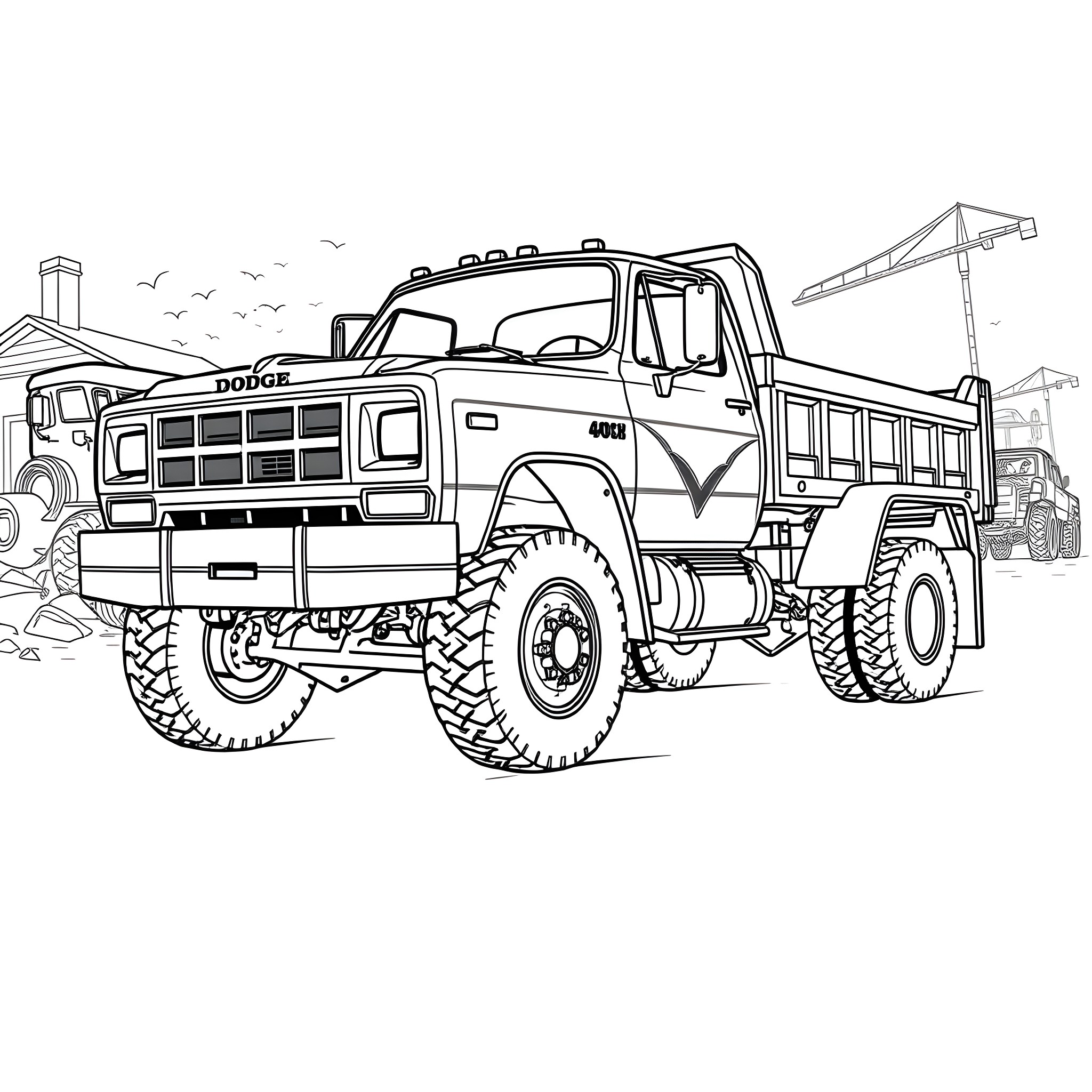 Dodge Dump Truck Transporting Materials on Construction Site Coloring Page (free black-and-white line drawing printable PDF for all, from beginners to advanced learners, including children, teens, adults, and seniors)