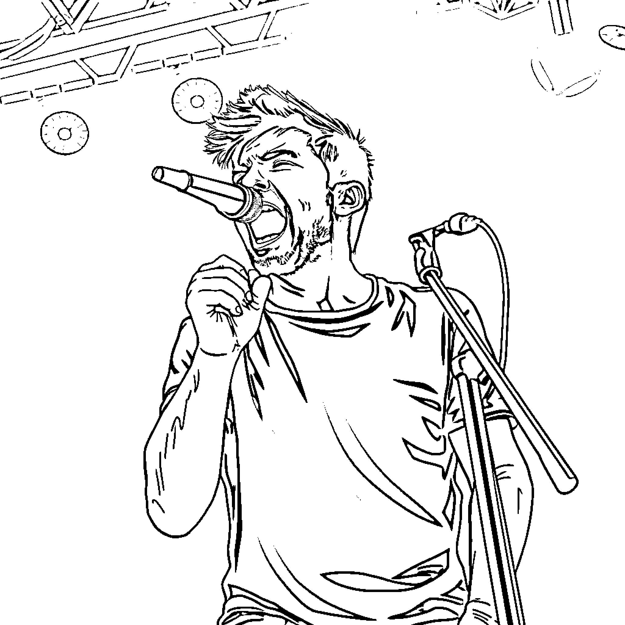 Tyler Joseph performing on stage with microphone Coloring Page (free black-and-white line drawing printable PDF for all, from beginners to advanced learners, including children, teens, adults, and seniors)