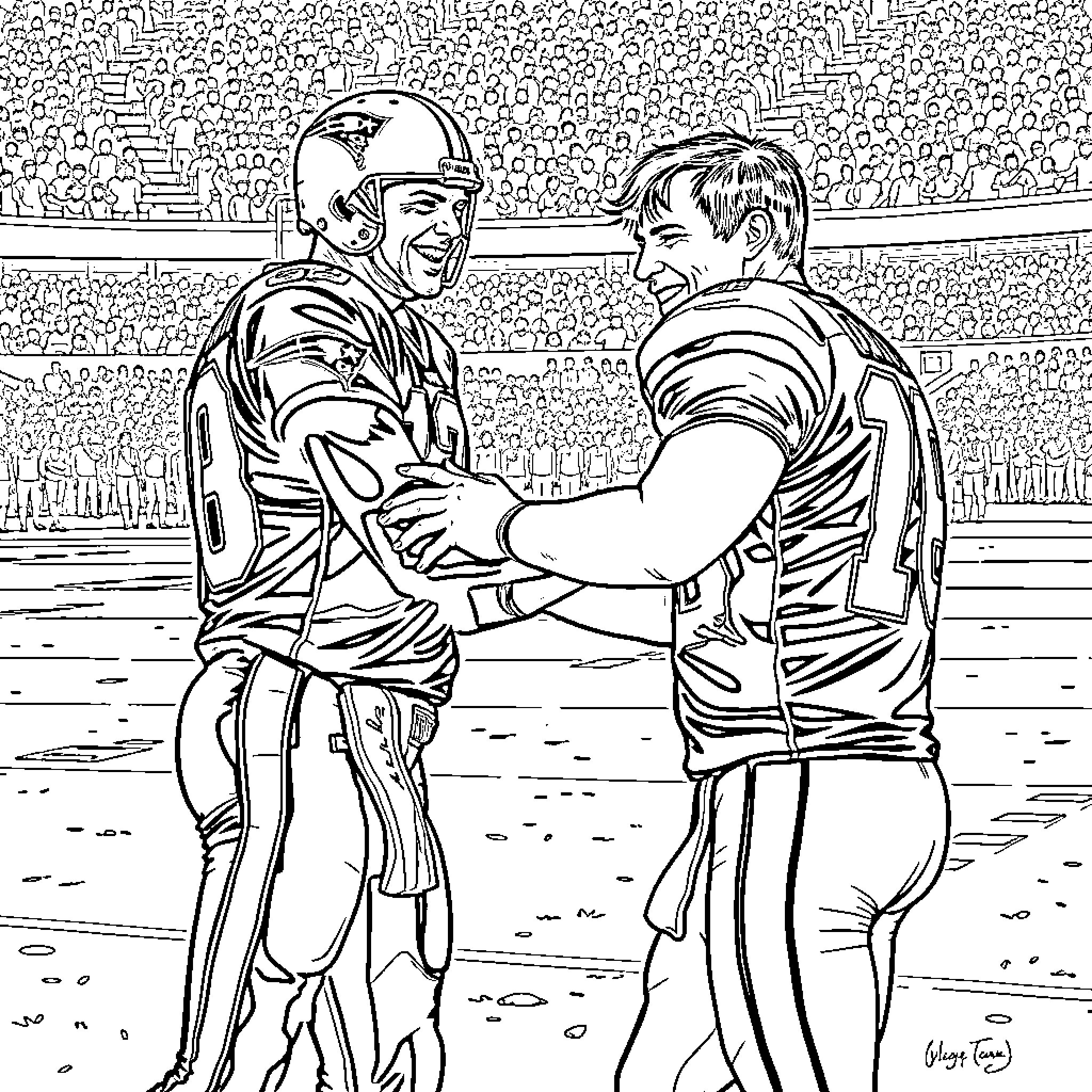 Tom Brady congratulating opposing player after game Coloring Page (free black-and-white line drawing printable PDF for all, from beginners to advanced learners, including children, teens, adults, and seniors)