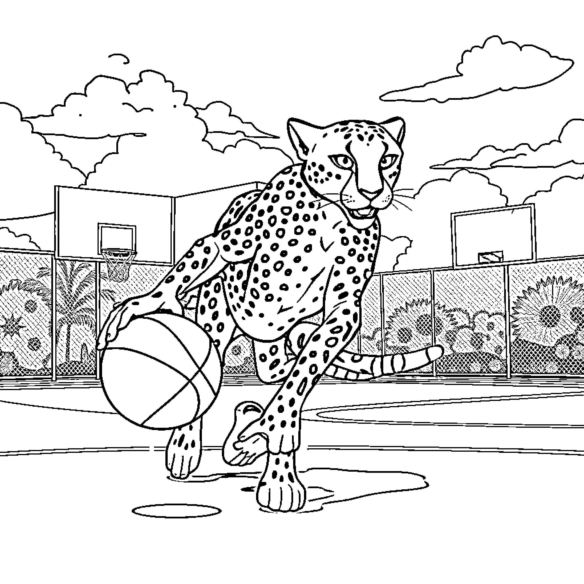 Cheetah playing with basketball on basketball court Coloring Page (free black-and-white line drawing printable PDF for all, from beginners to advanced learners, including children, teens, adults, and seniors)