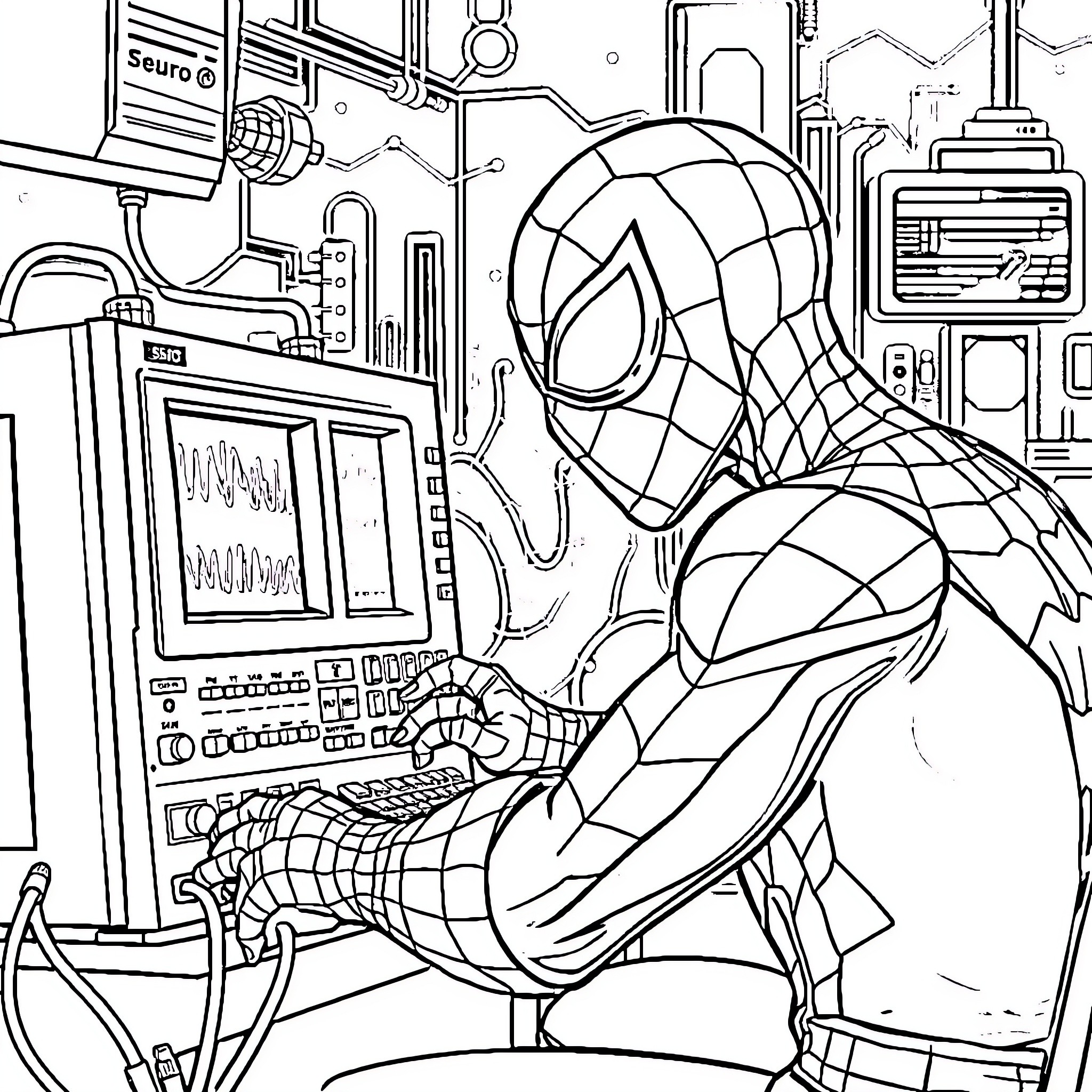 Spiderman Hacking into a Computer System Coloring Page (free black-and-white line drawing printable PDF for all, from beginners to advanced learners, including children, teens, adults, and seniors)