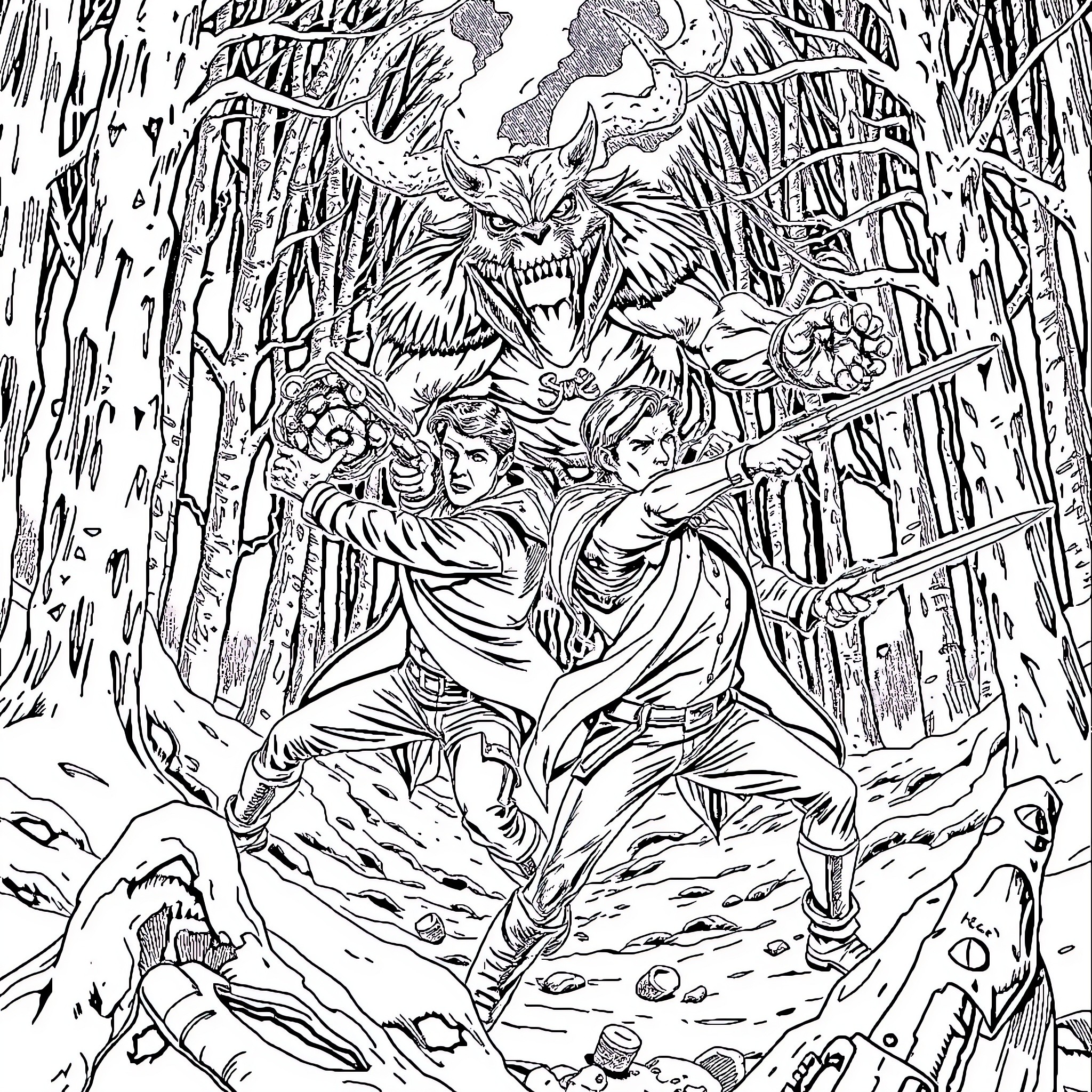 Wendigo Confrontation in the Wilderness Coloring Page (free black-and-white line drawing printable PDF for all, from beginners to advanced learners, including children, teens, adults, and seniors)