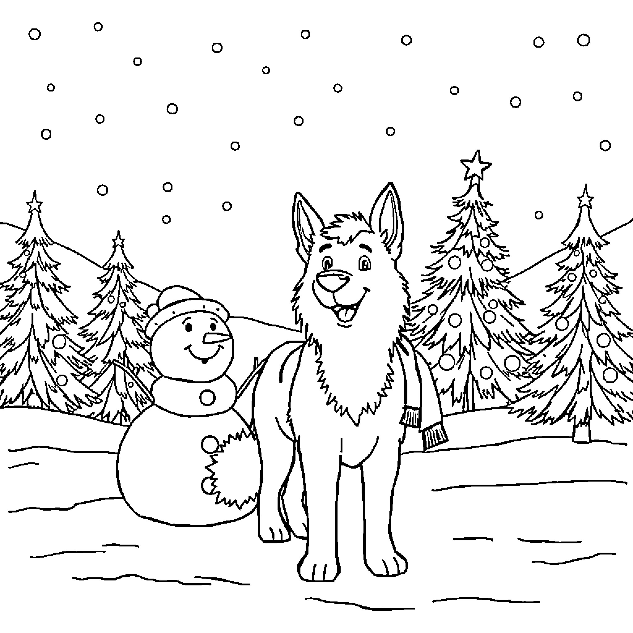 Huntrix's Wintry Adventure with Snowman Coloring Page (free black-and-white line drawing printable PDF for all, from beginners to advanced learners, including children, teens, adults, and seniors)