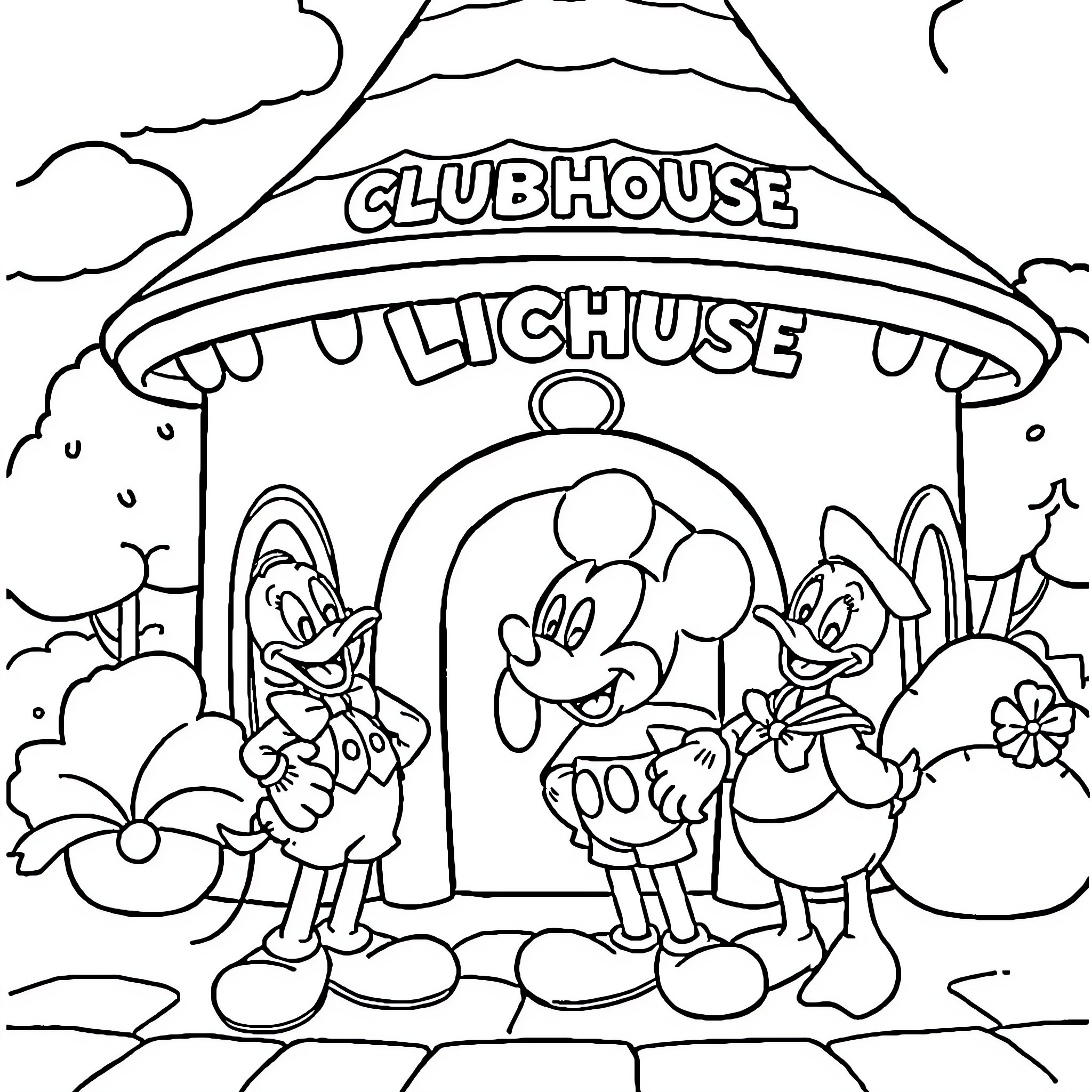 Mickey Mouse and friends playing in the Clubhouse Coloring Page (free black-and-white line drawing printable PDF for all, from beginners to advanced learners, including children, teens, adults, and seniors)