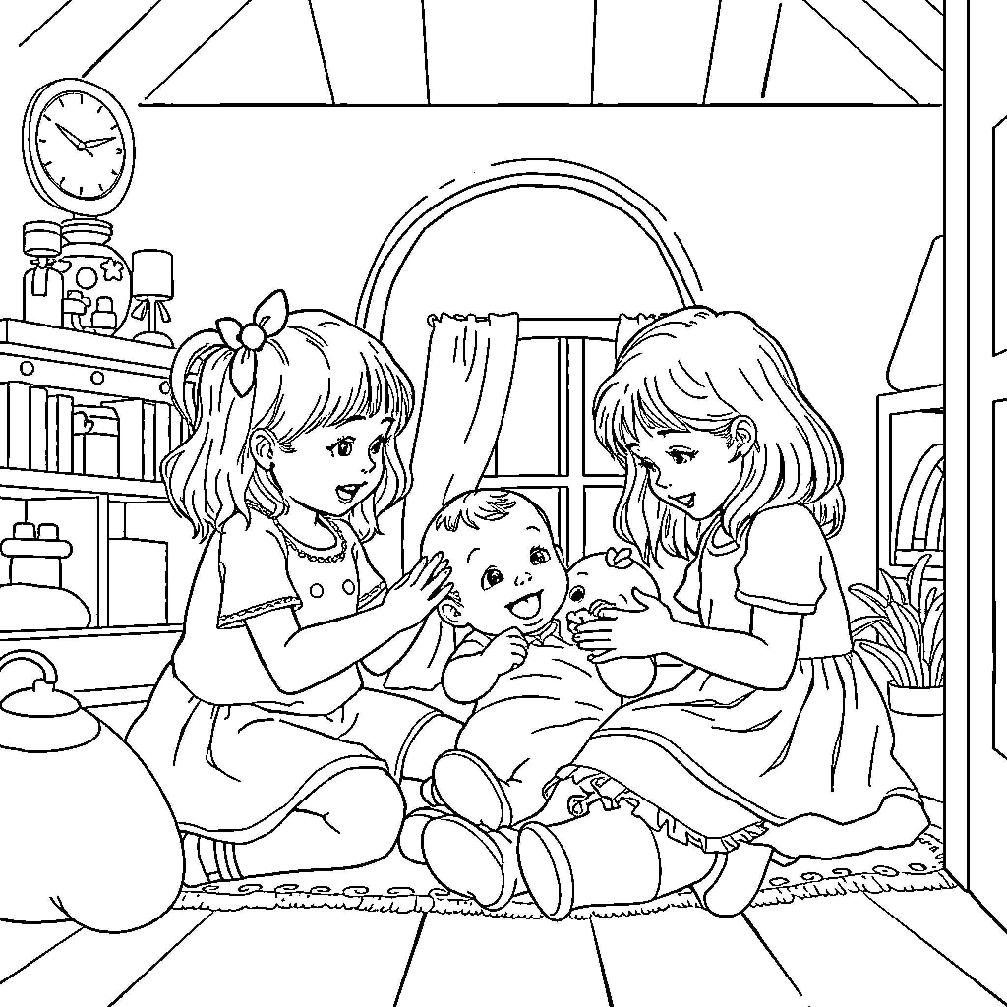 Girls Caring for Baby in Cozy Room Coloring Page (free black-and-white line drawing printable PDF for all, from beginners to advanced learners, including children, teens, adults, and seniors)