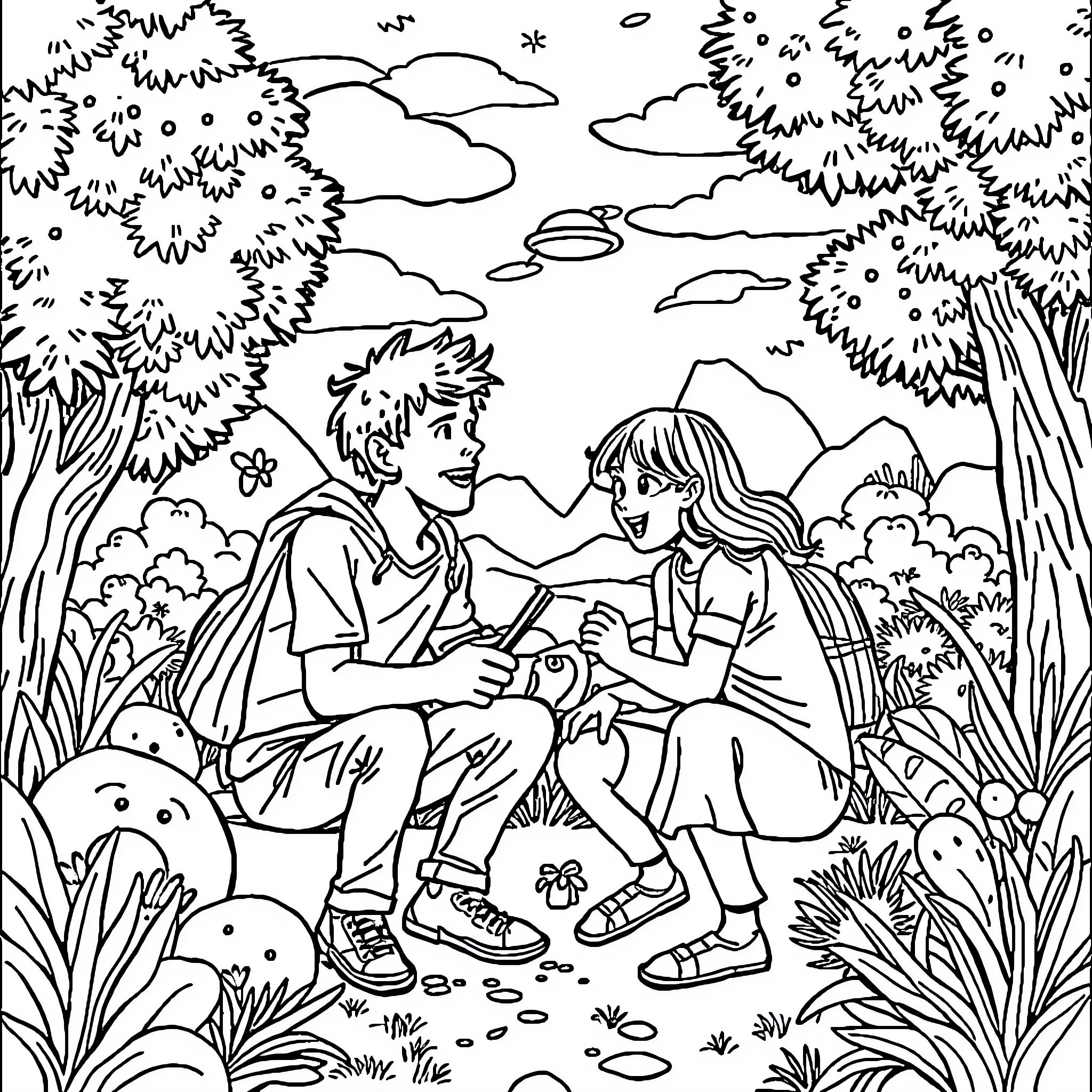 Adult couple enjoying nature together in a park Coloring Page (free black-and-white line drawing printable PDF for all, from beginners to advanced learners, including children, teens, adults, and seniors)