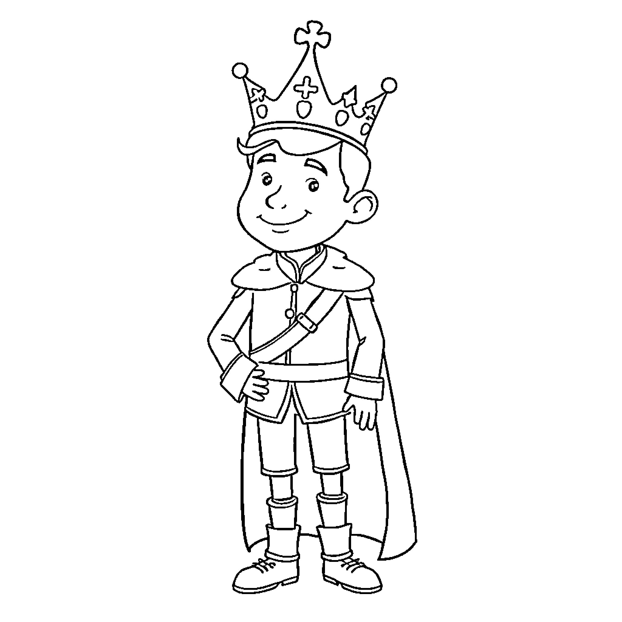 Prince Wearing Crown and Regal Attire Coloring Page (free black-and-white line drawing printable PDF for all, from beginners to advanced learners, including children, teens, adults, and seniors)