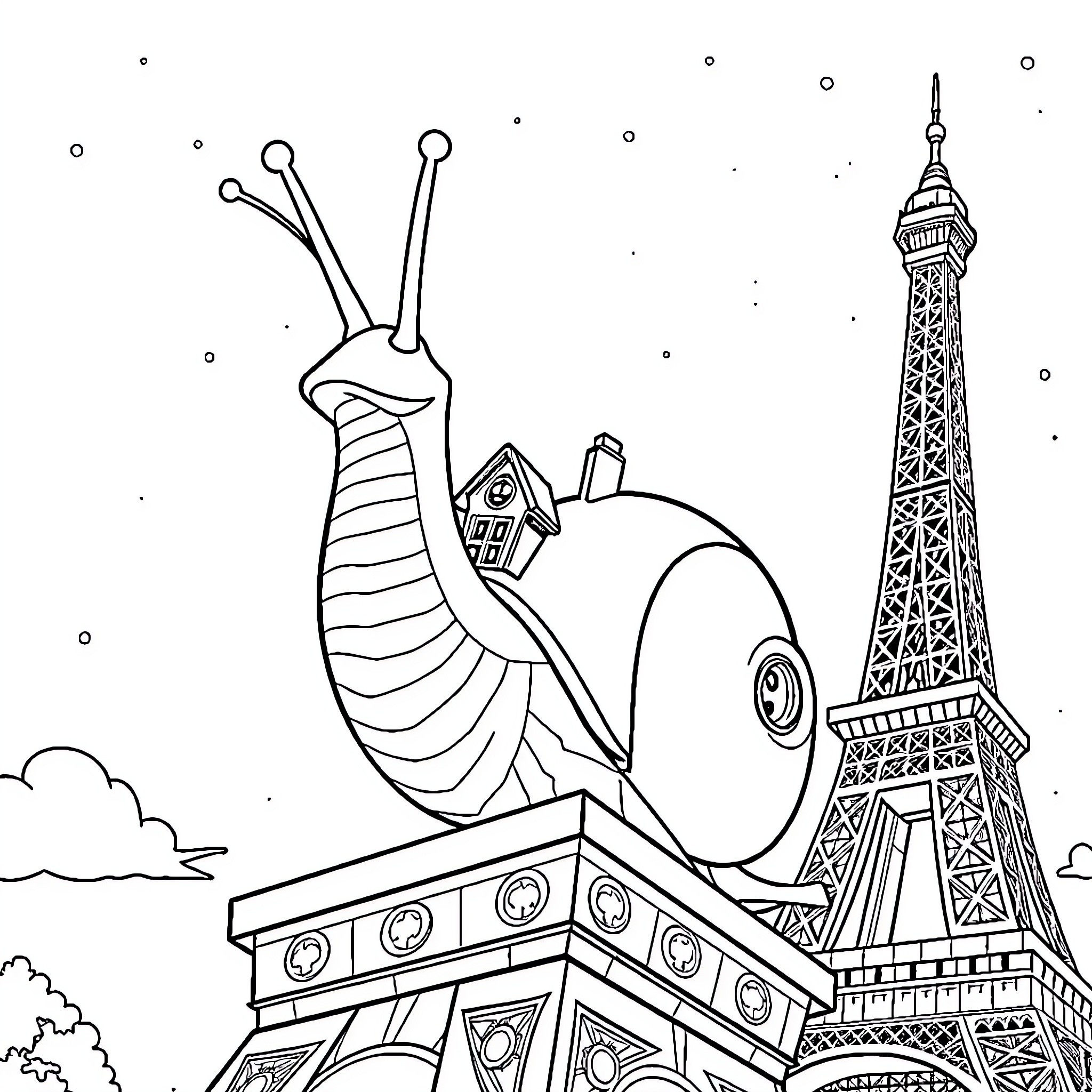 Escargot exploring the Eiffel Tower Coloring Page (free black-and-white line drawing printable PDF for all, from beginners to advanced learners, including children, teens, adults, and seniors)