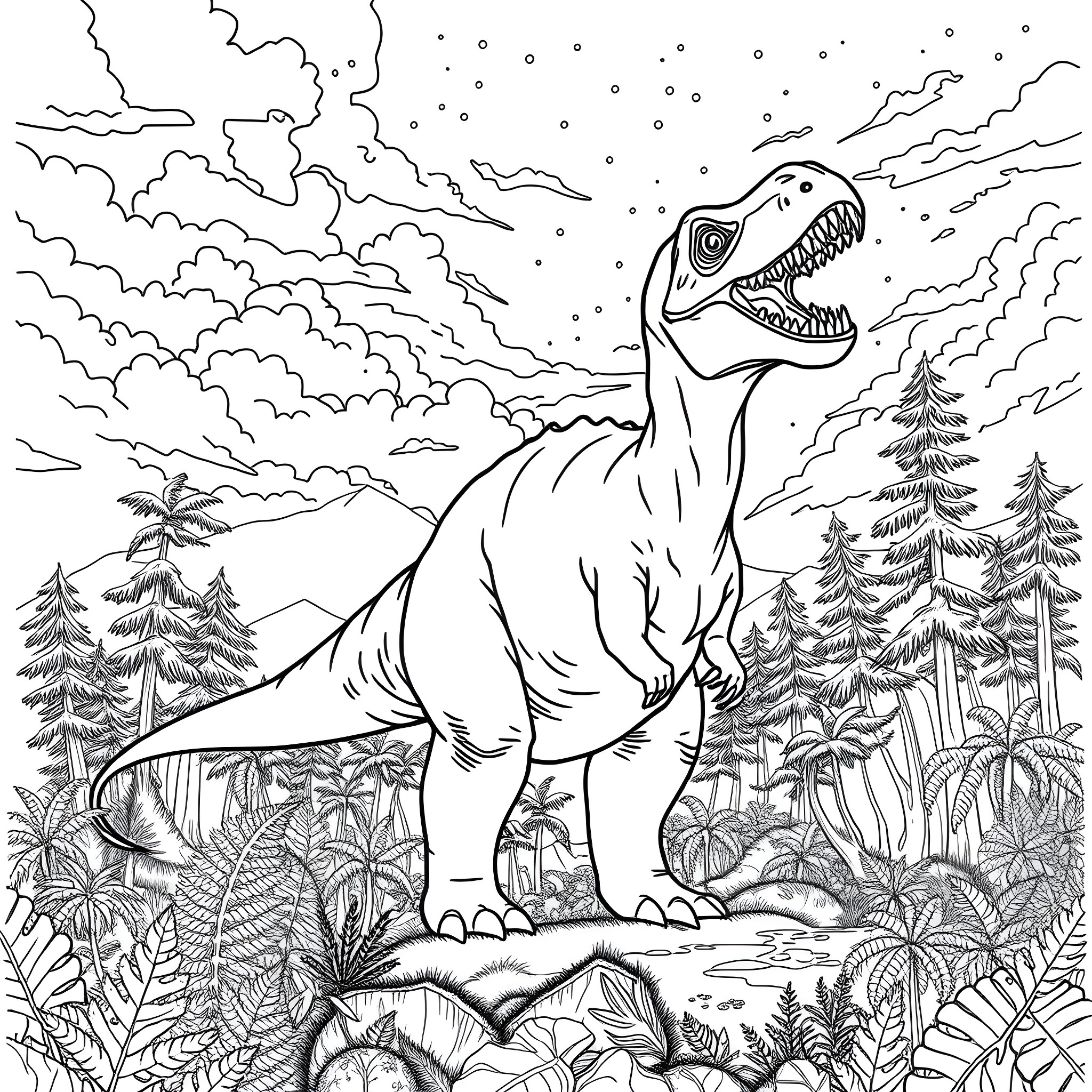 Gigantosaurus roaming through prehistoric landscape Coloring Page (free black-and-white line drawing printable PDF for all, from beginners to advanced learners, including children, teens, adults, and seniors)