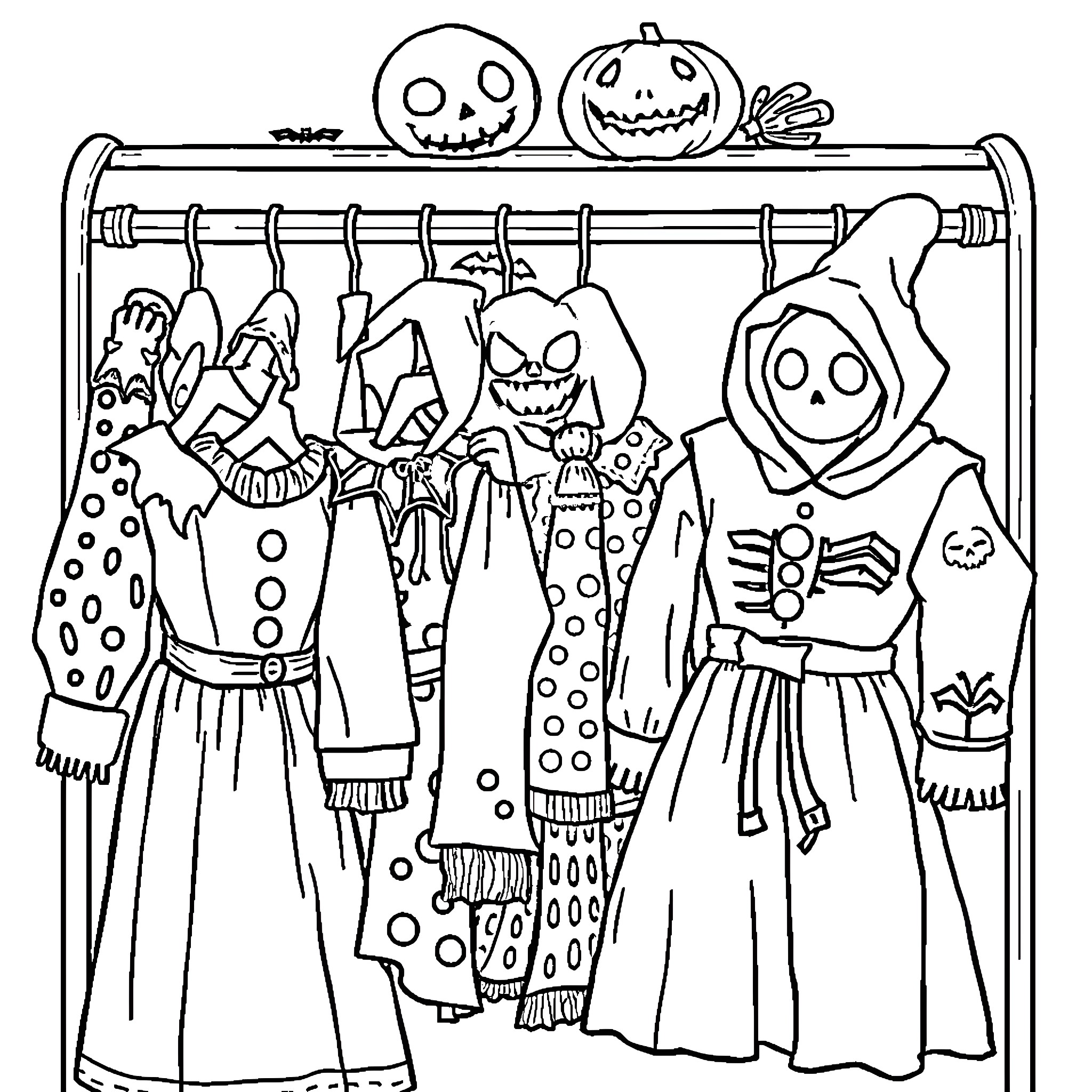 Halloween Costume Rack with Spooky Outfits Coloring Page (free black-and-white line drawing printable PDF for all, from beginners to advanced learners, including children, teens, adults, and seniors)