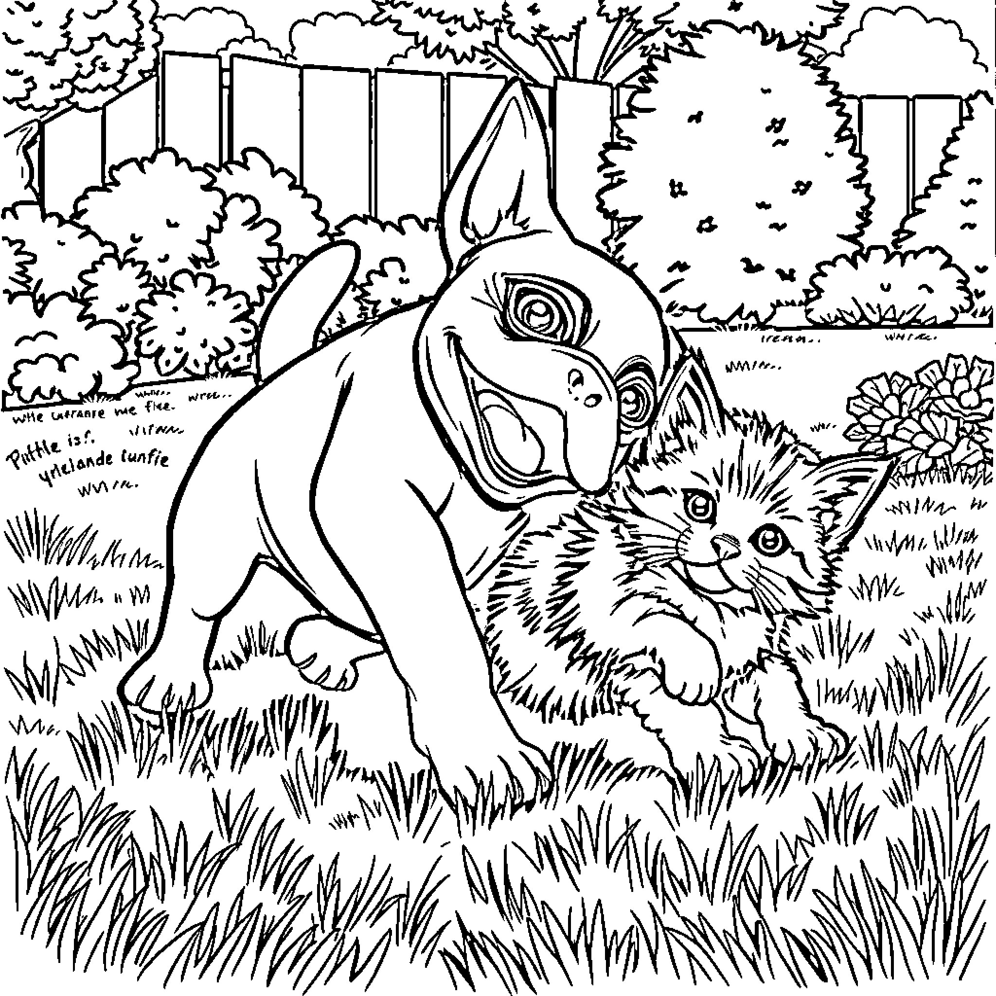 Puppy playing in the forest Coloring Page (free black-and-white line drawing printable PDF for all, from beginners to advanced learners, including children, teens, adults, and seniors)
